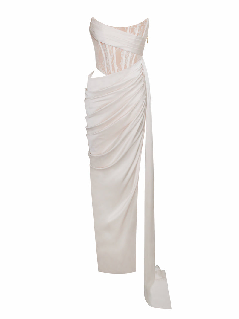 Callie Pearl White Lace Satin Corset High Slit Gown