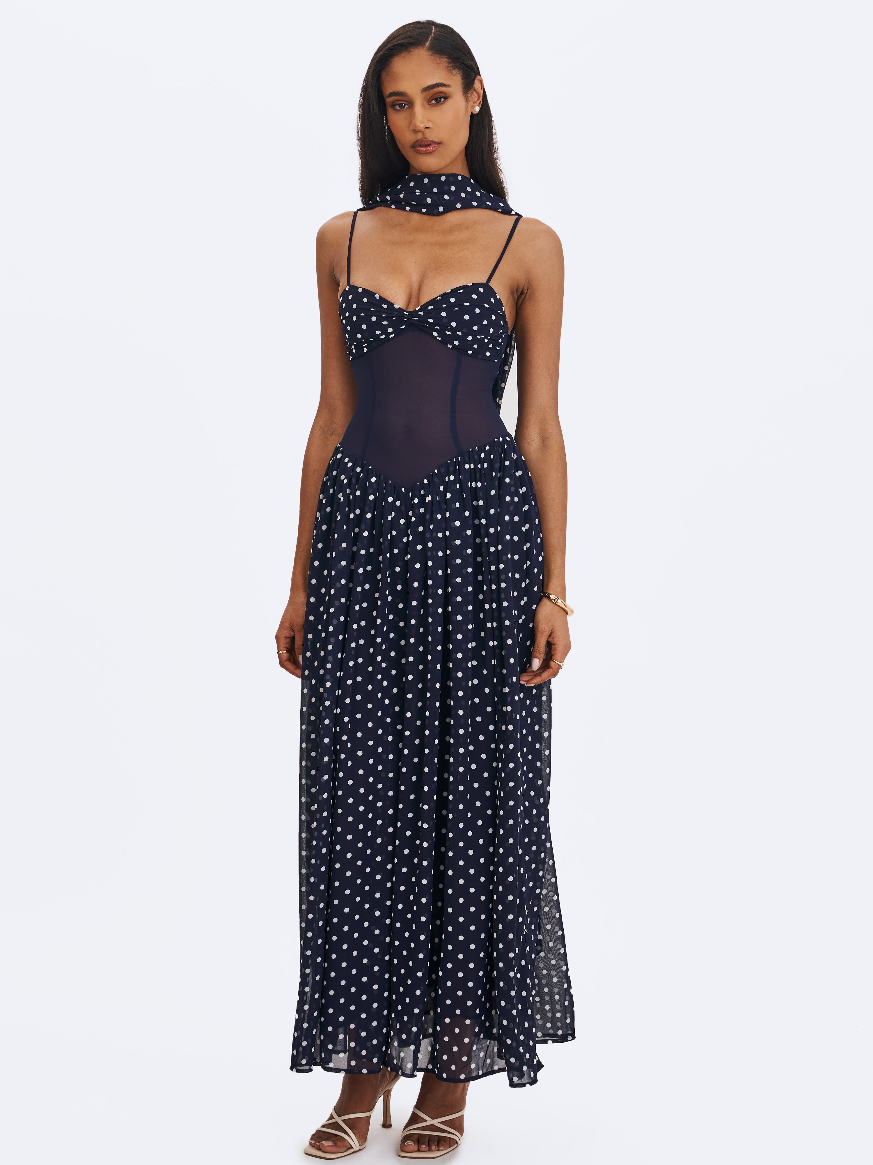 Juliette Navy Blue Polka Dot Chiffon Maxi Dress