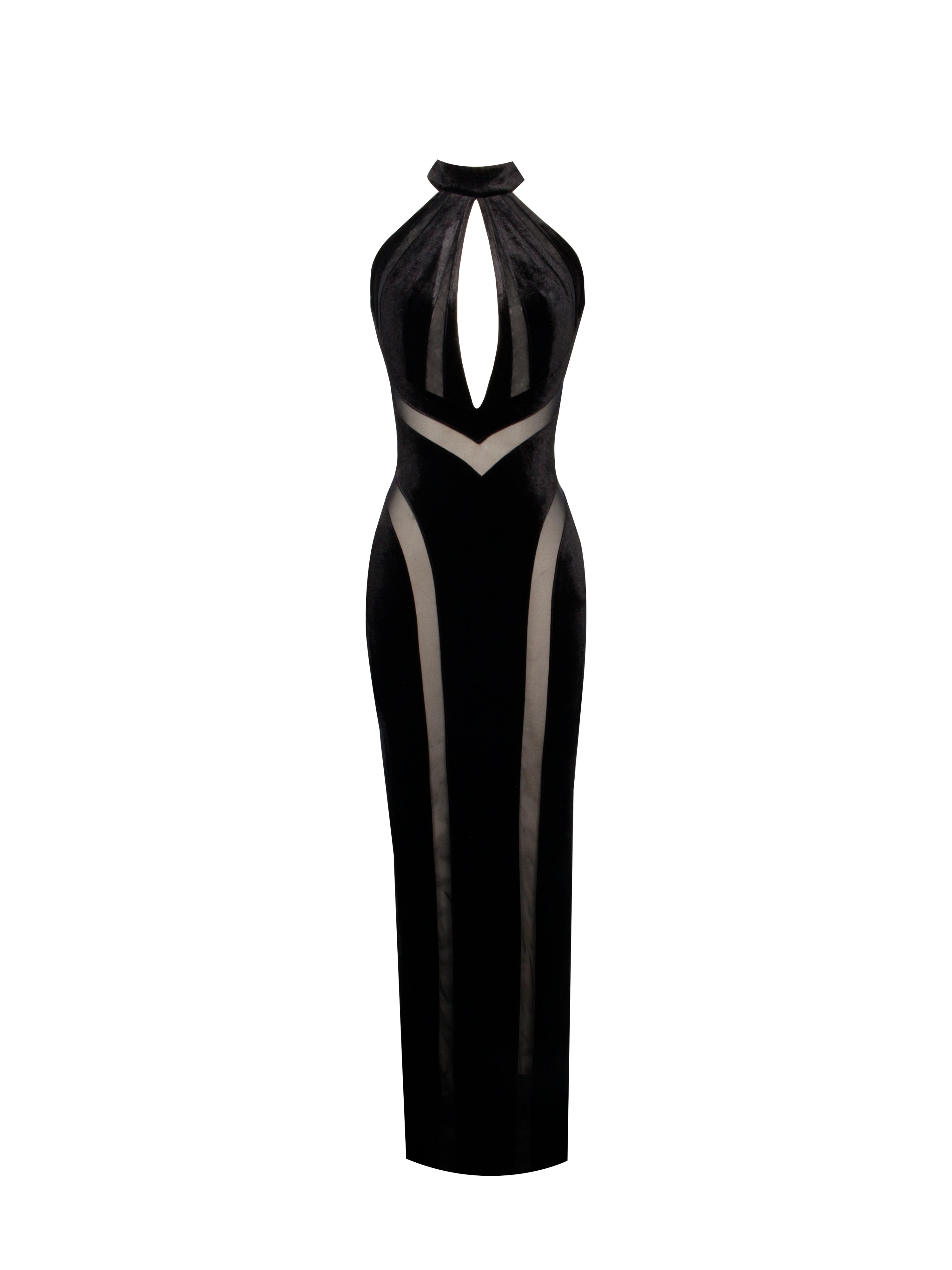 Paityn Black Velvet Mesh Cutout Halter Gown