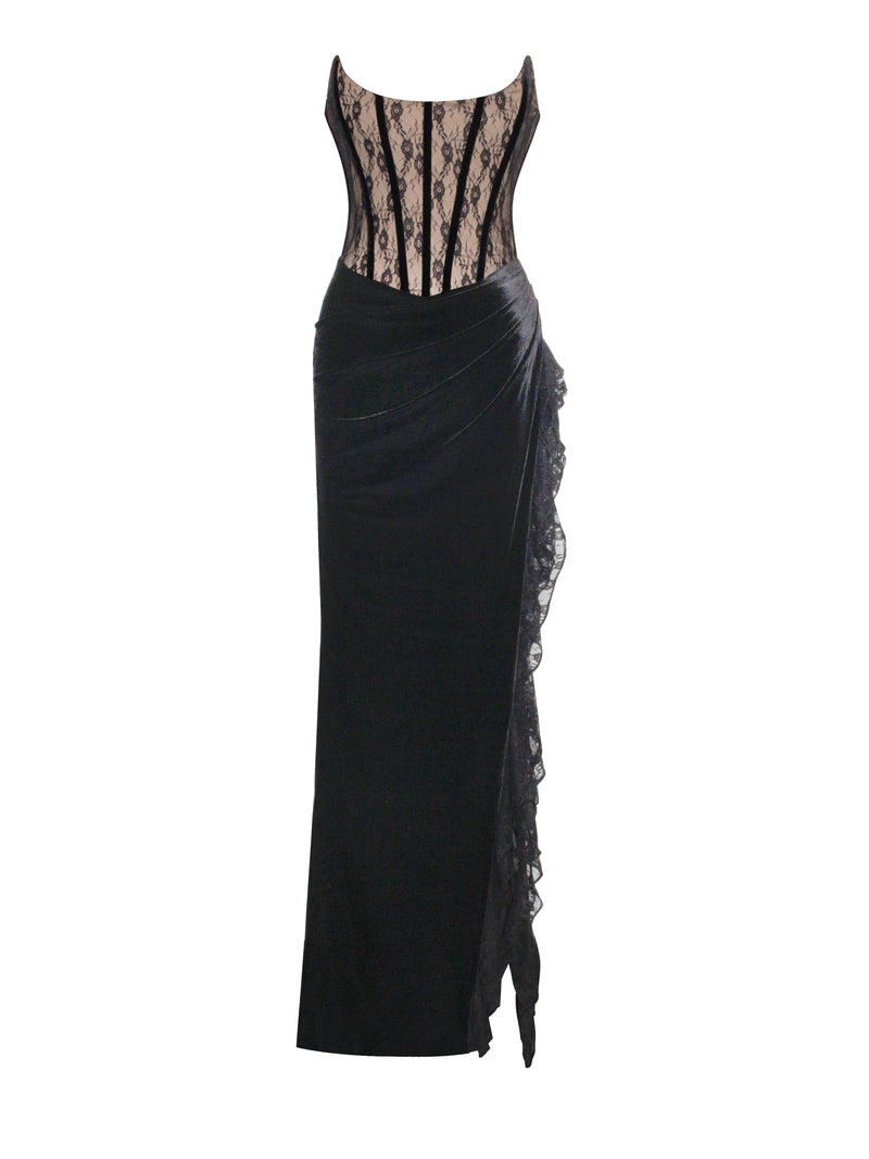 Gaia Black Lace Velvet Corset Side Slit Dress