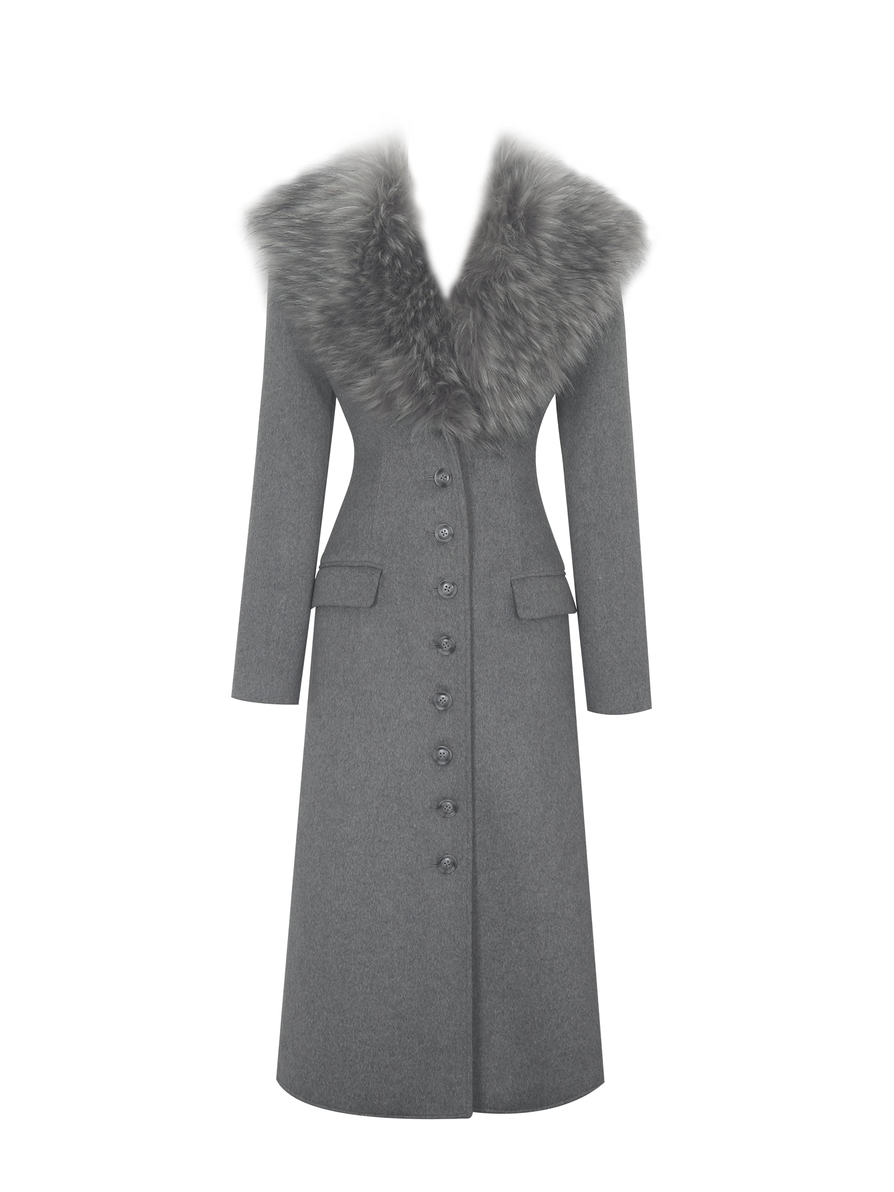 Faye Grey Wool Blend Single-Breasted Coat with Removable Faux Fur Collar