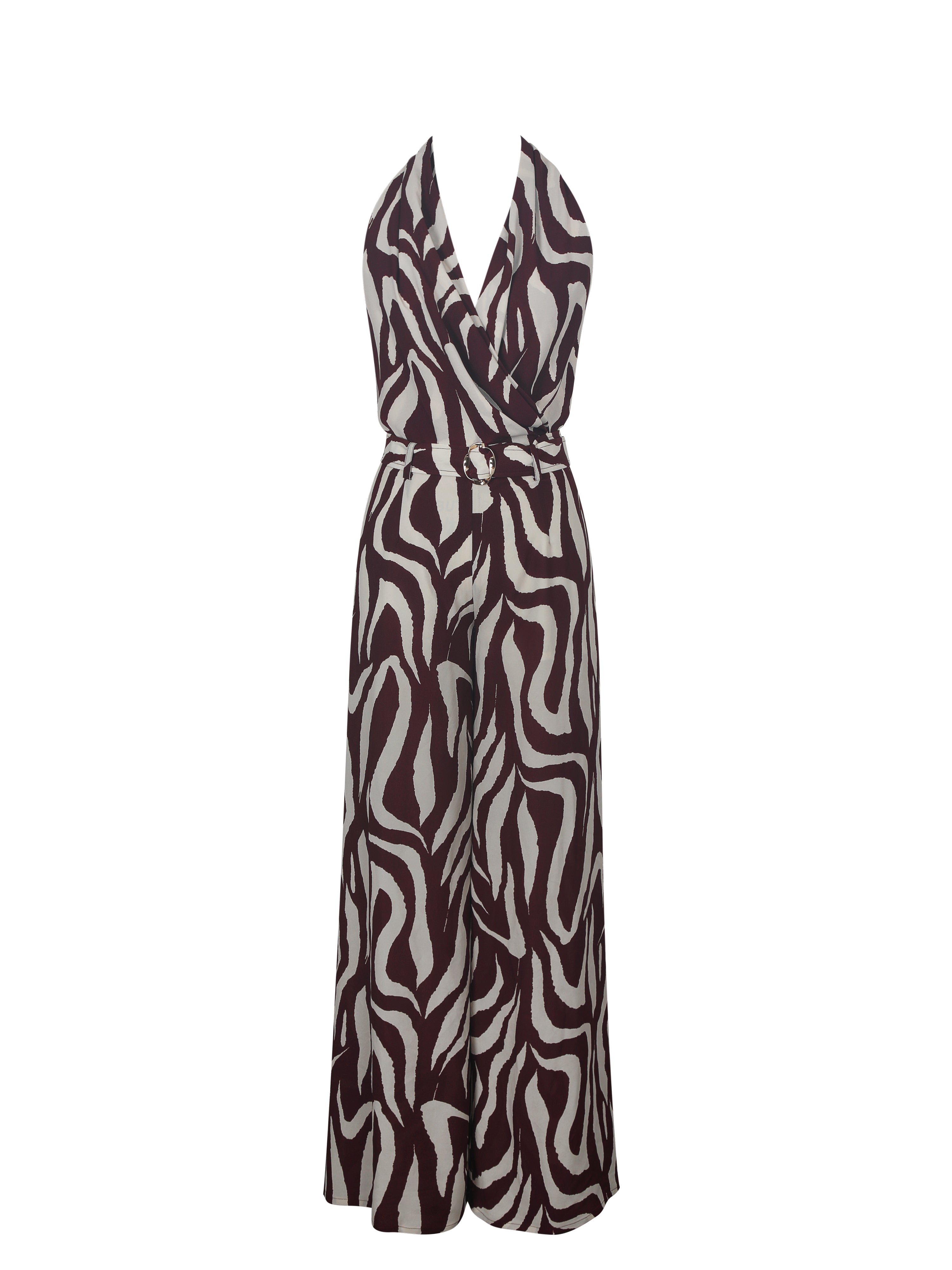 Ashlyn Burgundy & Beige Abstract Zebra Print Belted Halter Jumpsuit