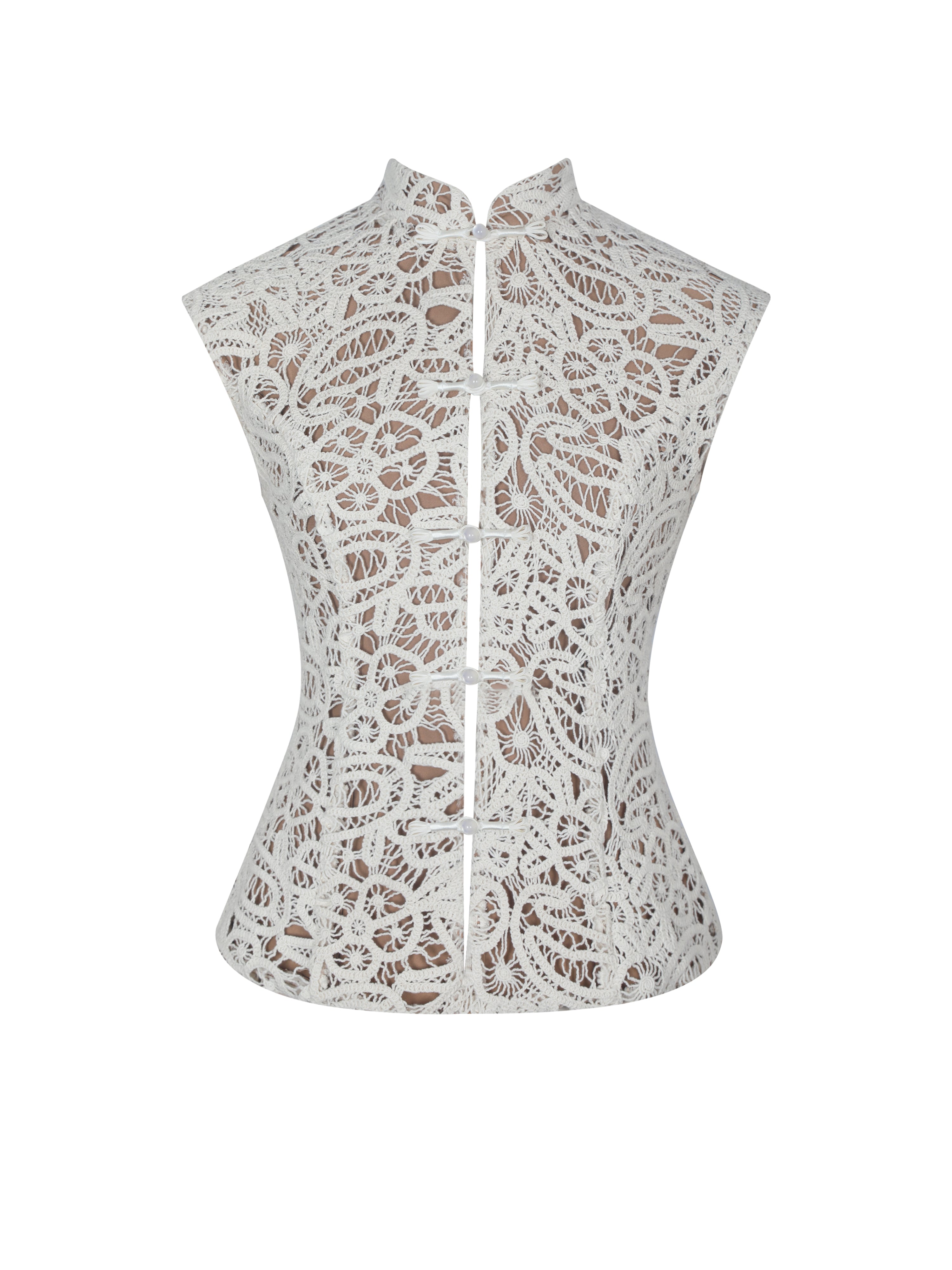 Rosetta Cream Cotton Crochet Mandarin Collar Top