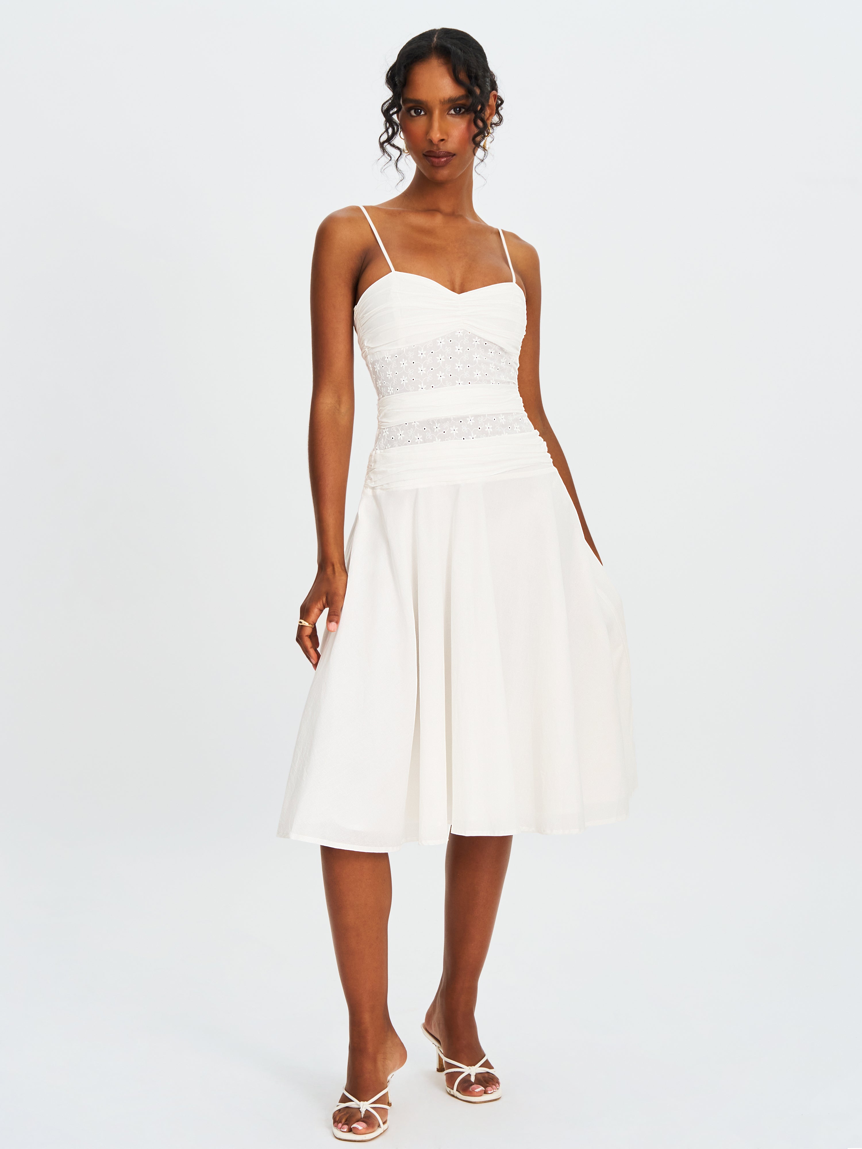 Maelis White Eyelet Drop Waist Cotton Midi Dress