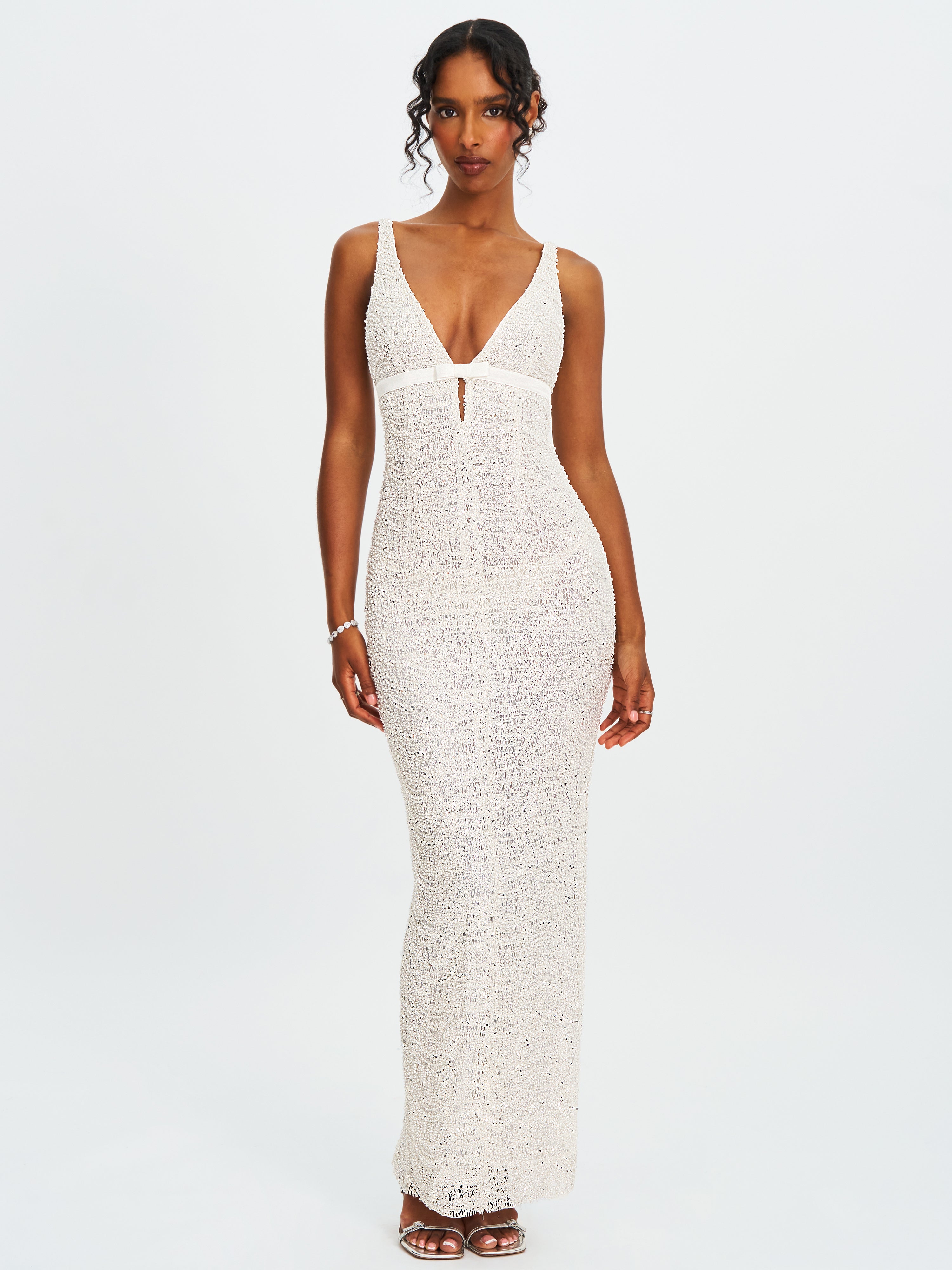 Adelaide White Beaded Sequin Net Bodycon Gown