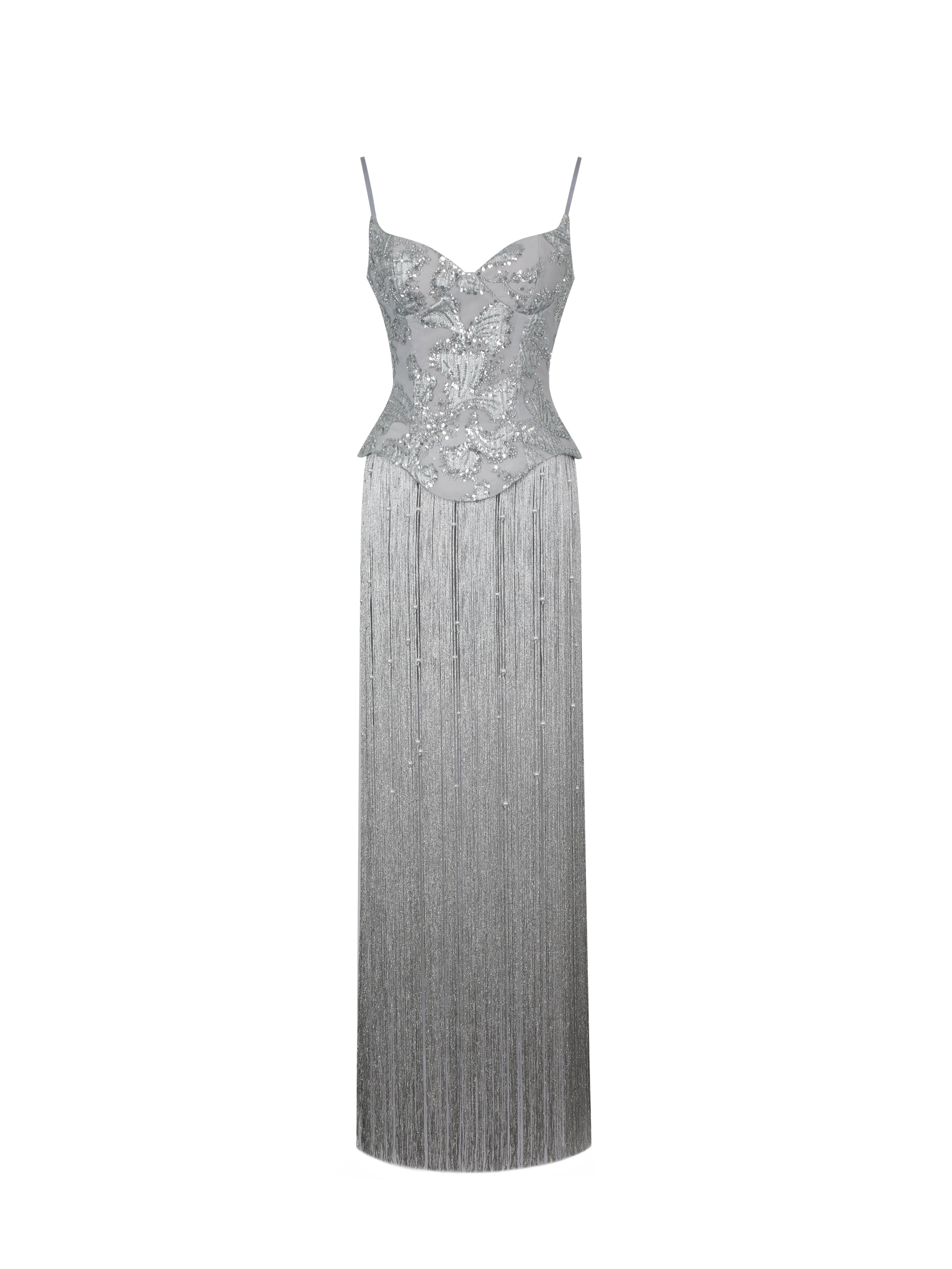 Olisa Silver Beaded Peplum Tassel Maxi Dress