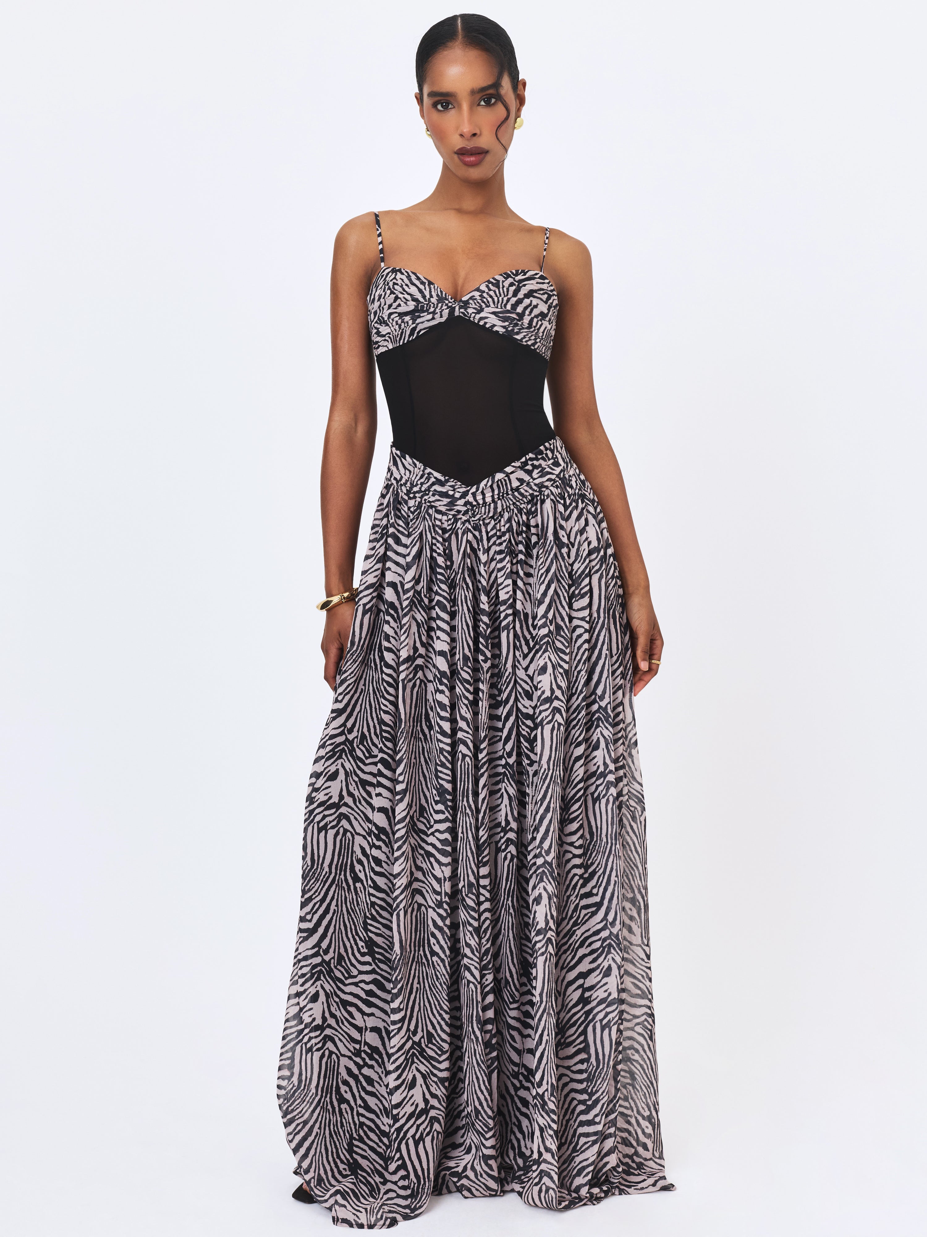 Onora Zebra Print Chiffon Dipped Waist Maxi Dress