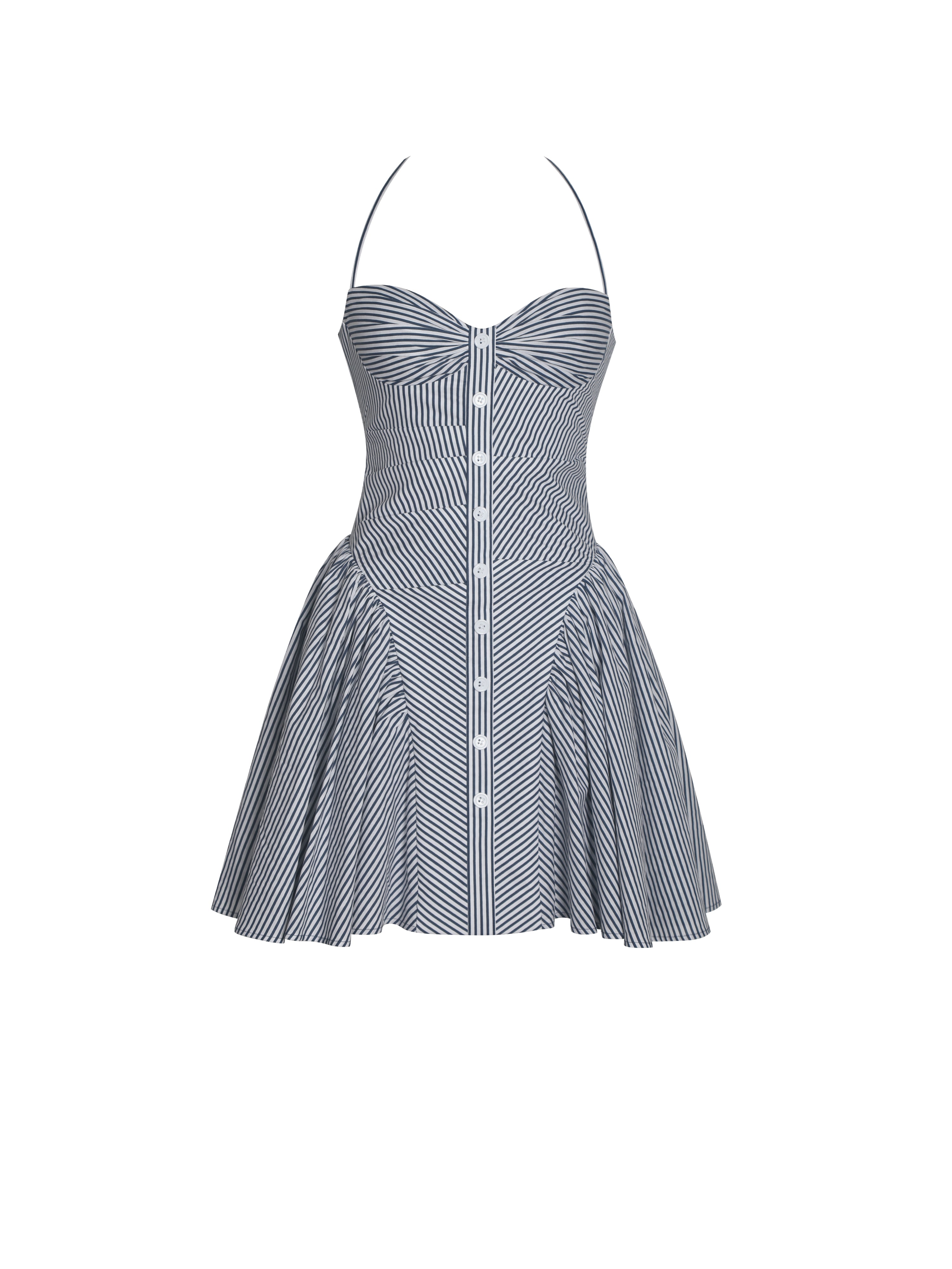 Melody Navy Blue Railroad Stripe Halter Drop Waist Mini Dress