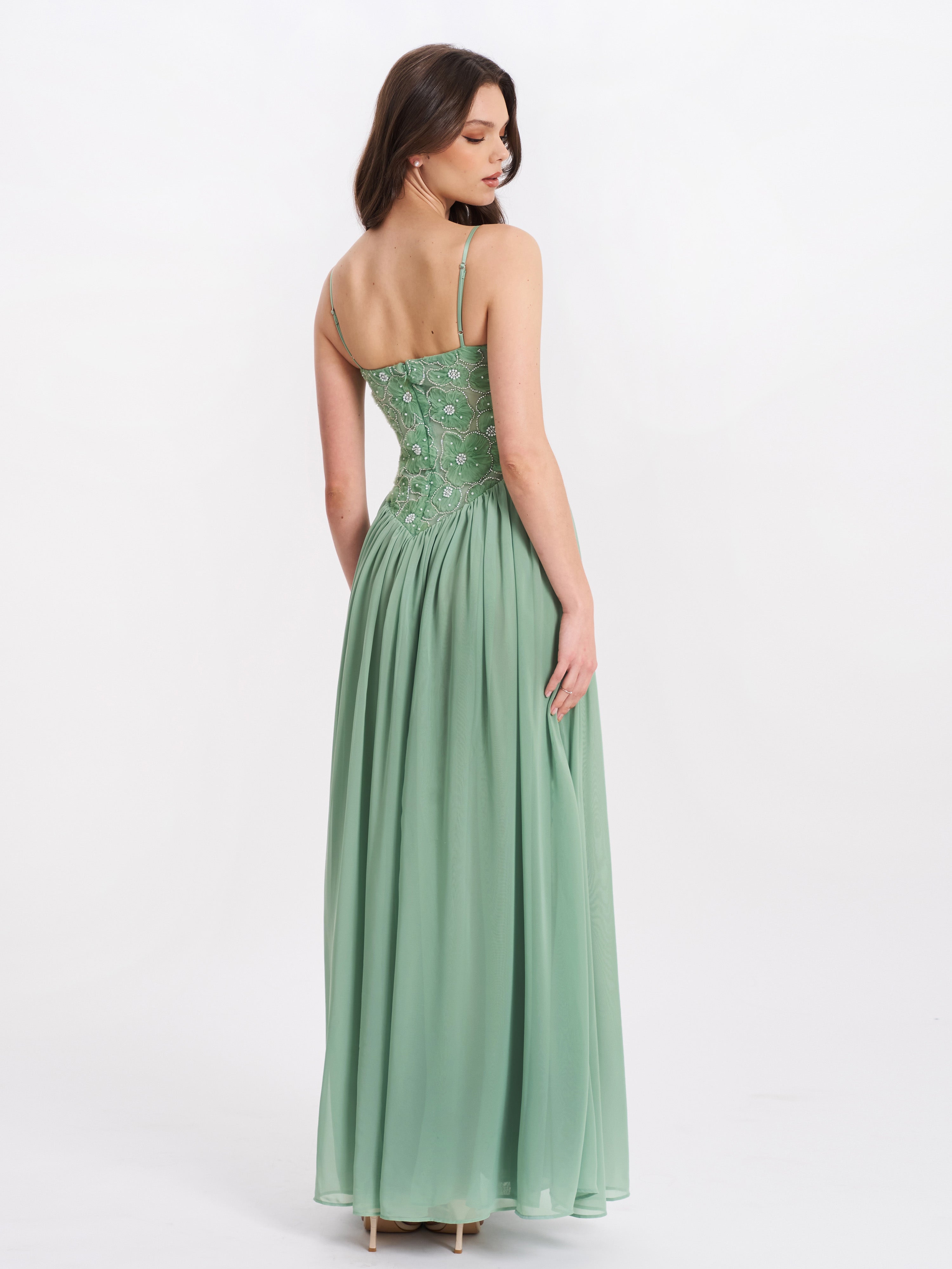 Ucille Sage Green Embroidered Chiffon Maxi Dress (Archive Sale)