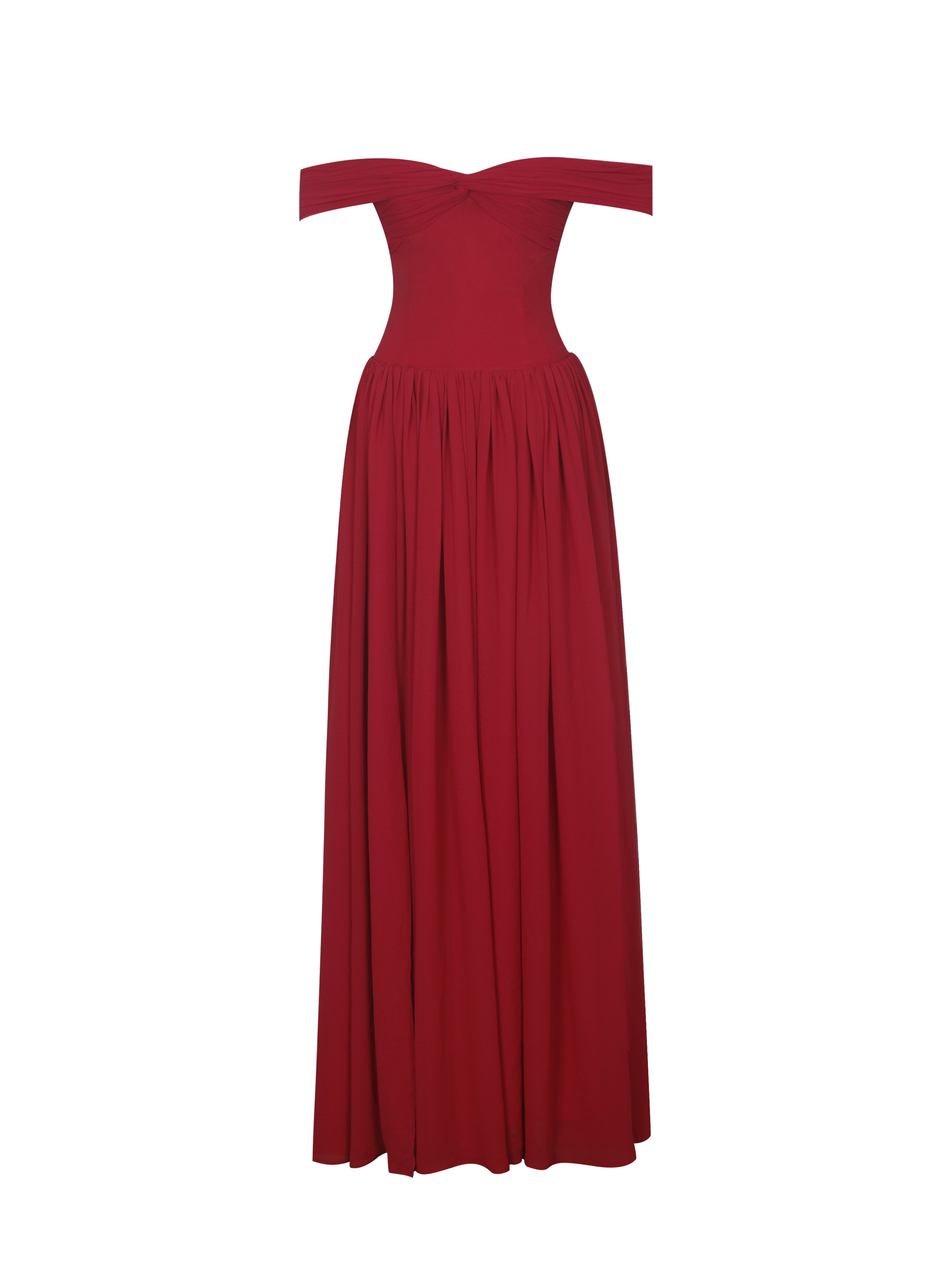 Tereza Crimson Georgette Bardot High-Slit Maxi Dress