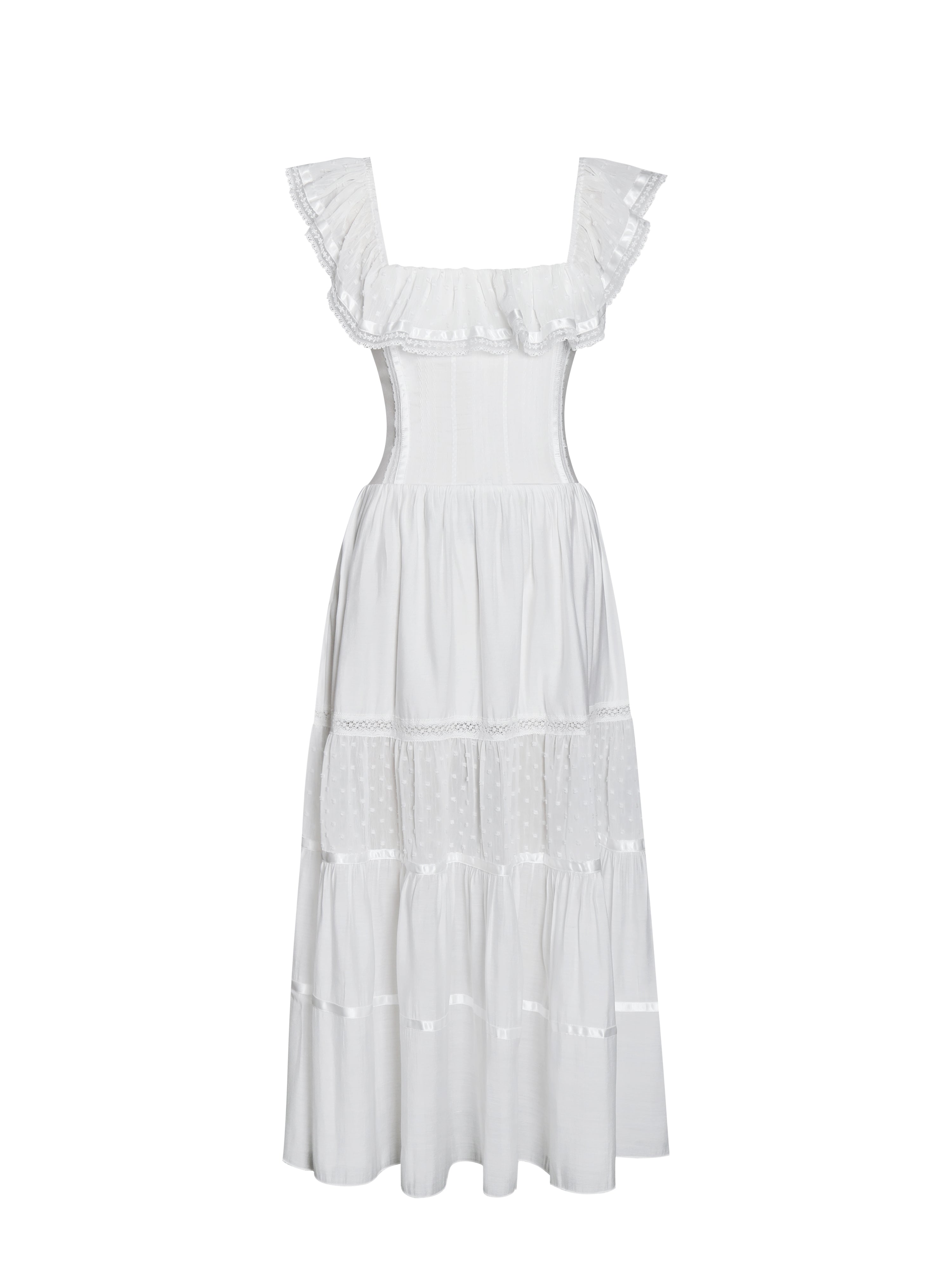Eden Square Neck Ruffle Trim High Waist Midi Dress