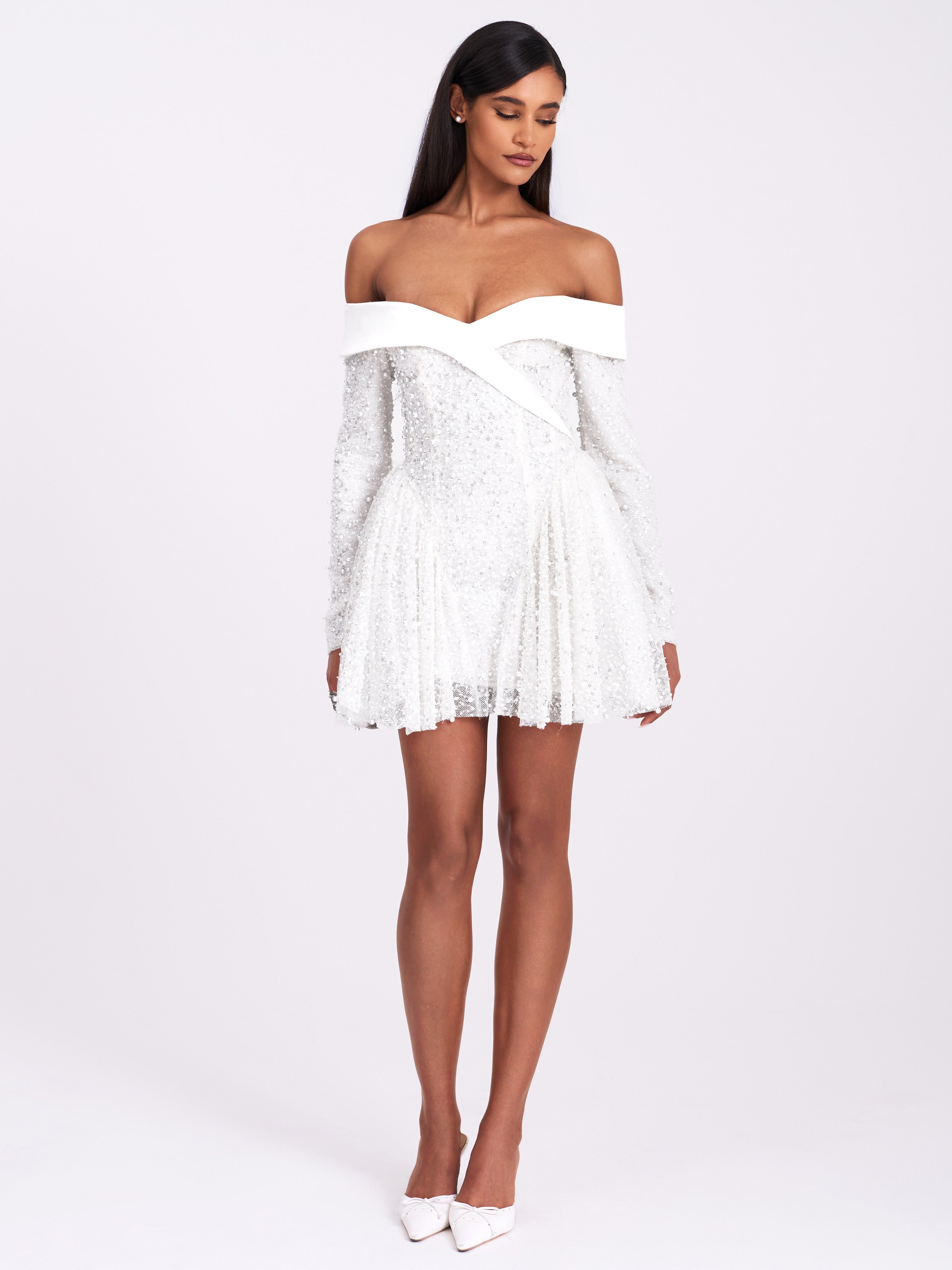 Kira Bead Embroidered Mesh Off Shoulder Long Sleeve Mini Dress