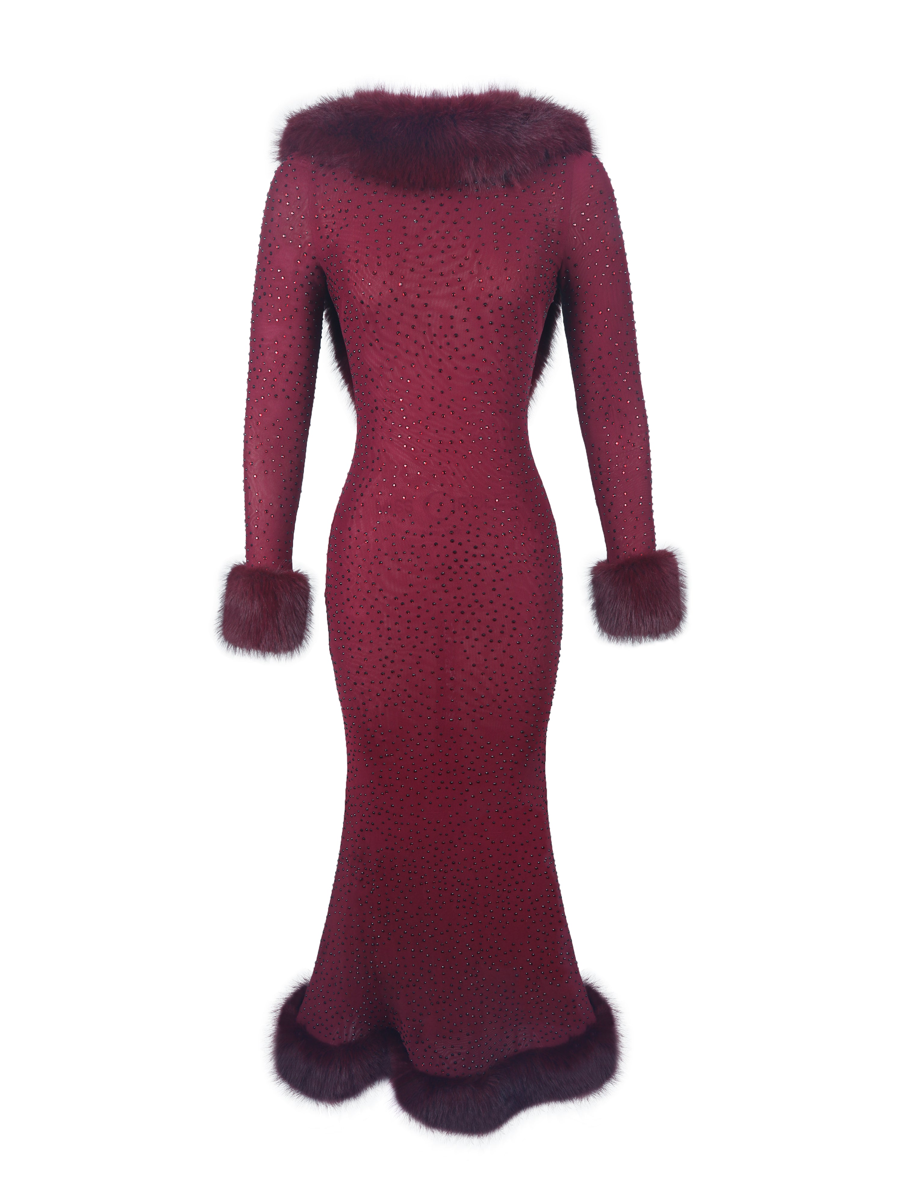 Melrose Burgundy Rhinestone Mesh Low Back Mermaid Dress