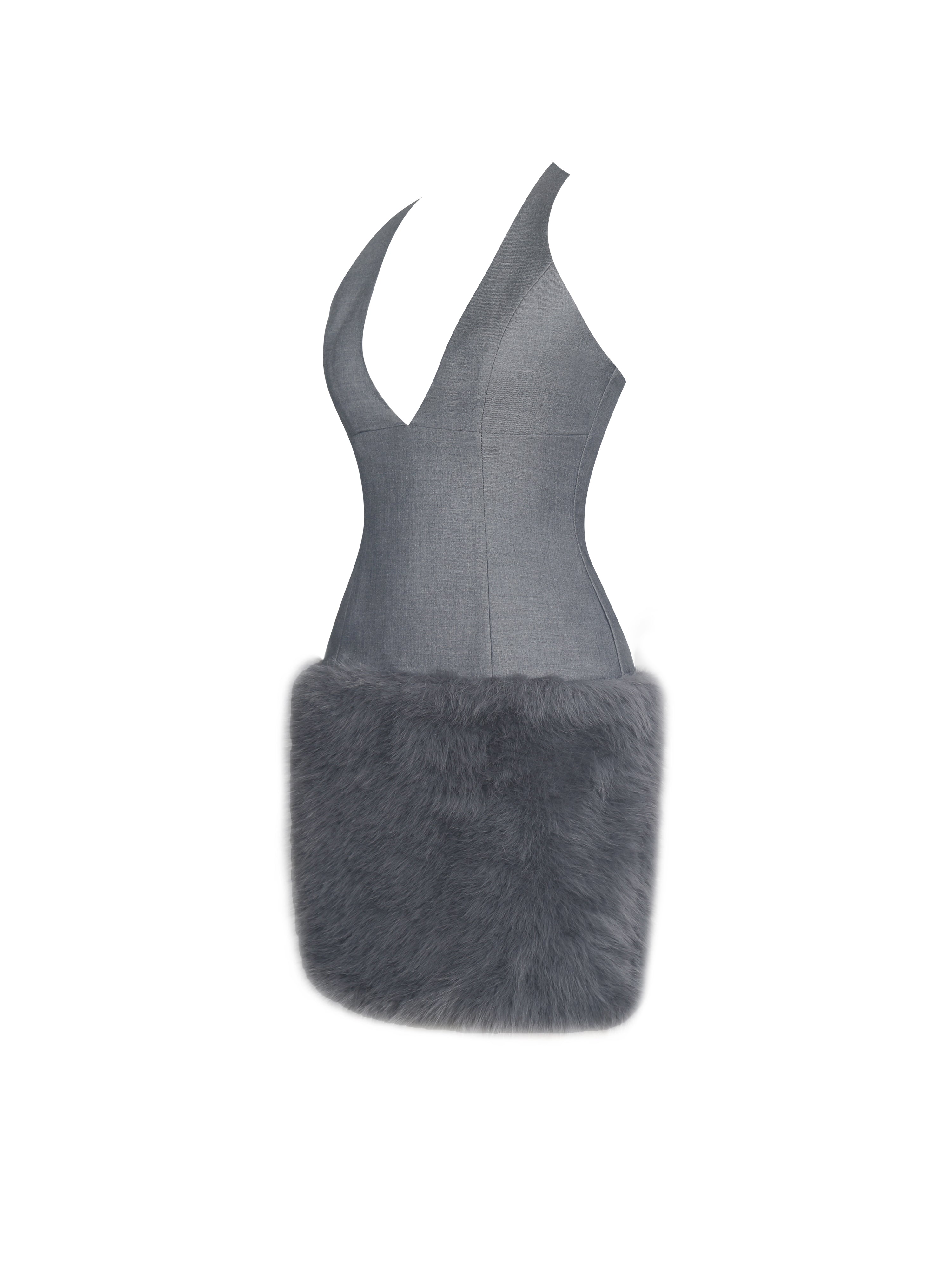 Daisy Grey Drop Waist Fur Trim Halter Mini Dress