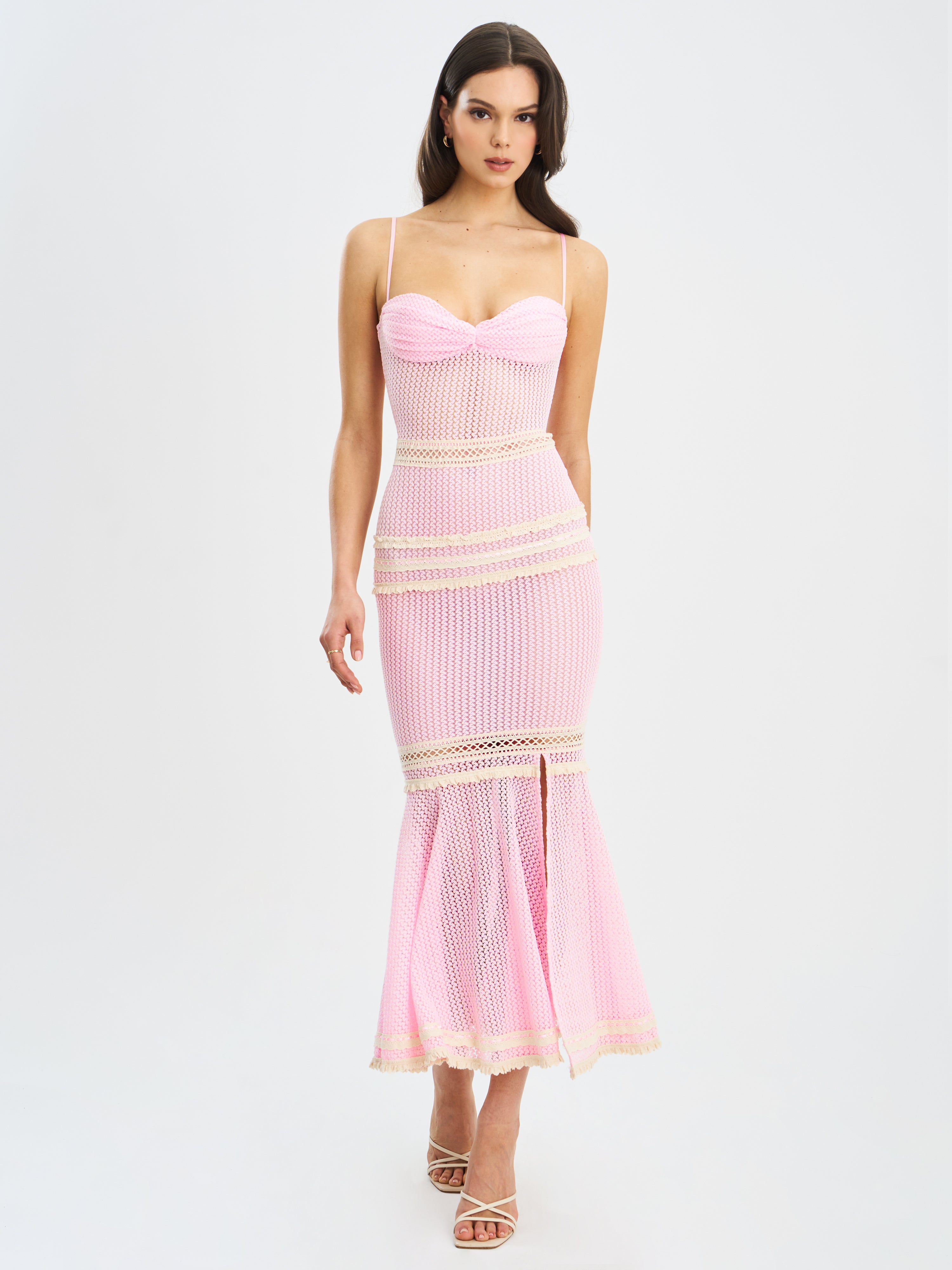 Pallas Pink Lace Trim Crochet Mermaid Maxi Dress