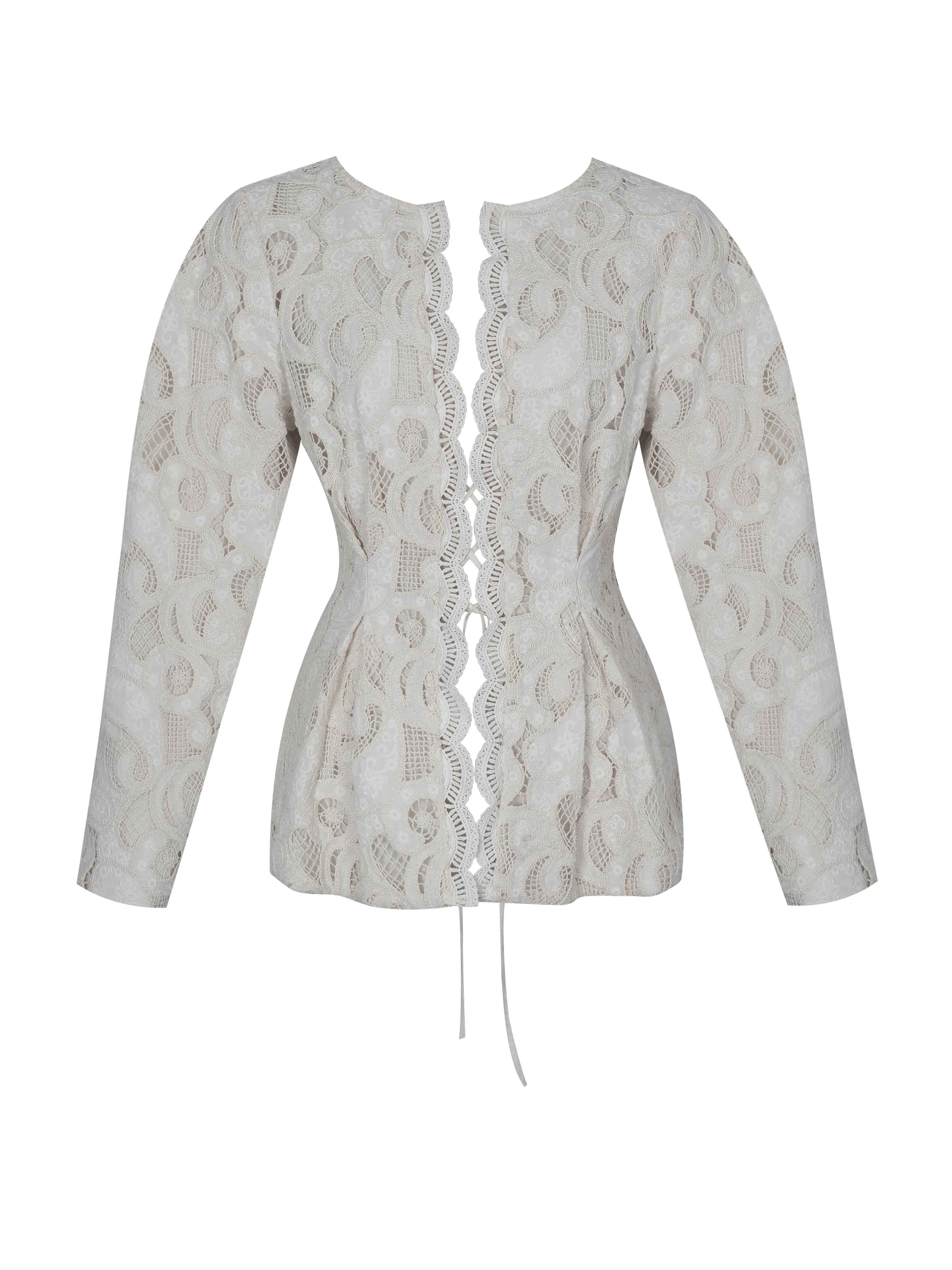 Wenley Beige Cotton Lace Puff Sleeve Cinched Top