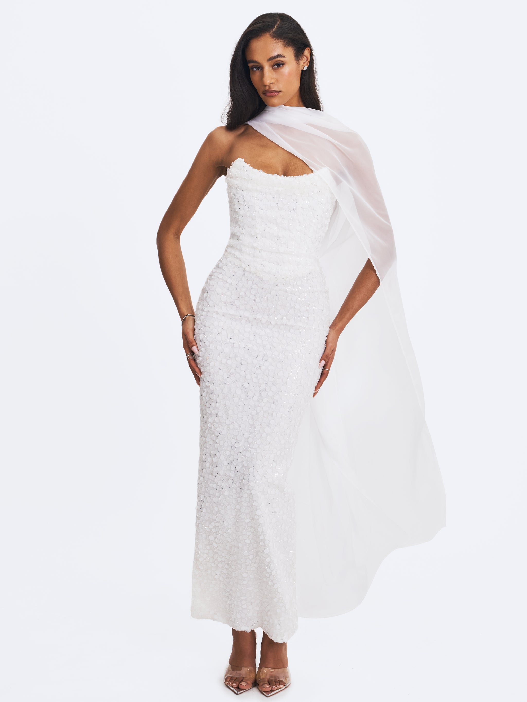 Miss Circle Women's Myra Beaded Mesh Strapless Wedding Dress - White