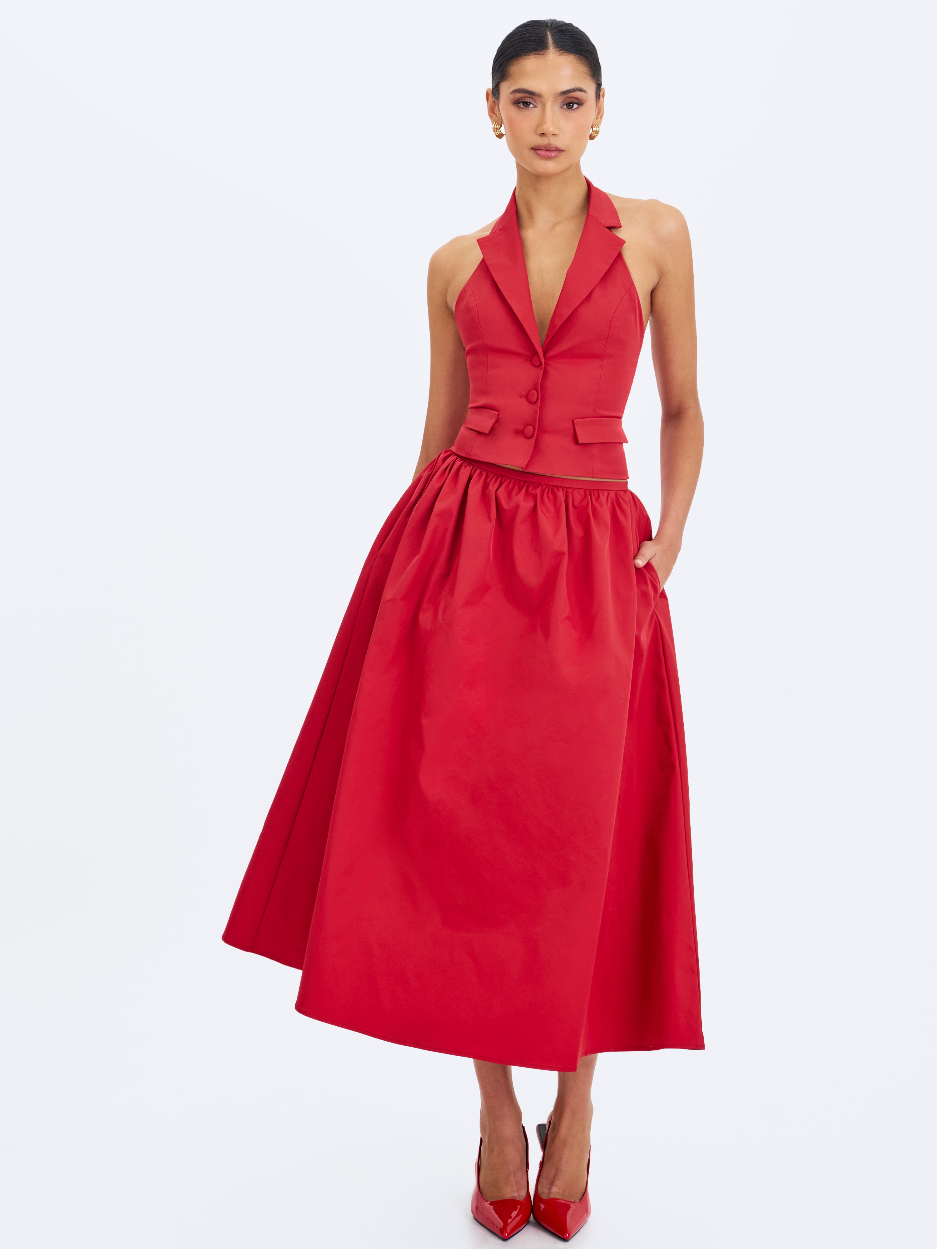 Ursella Crimson Halter Single-Breasted Lapel Top