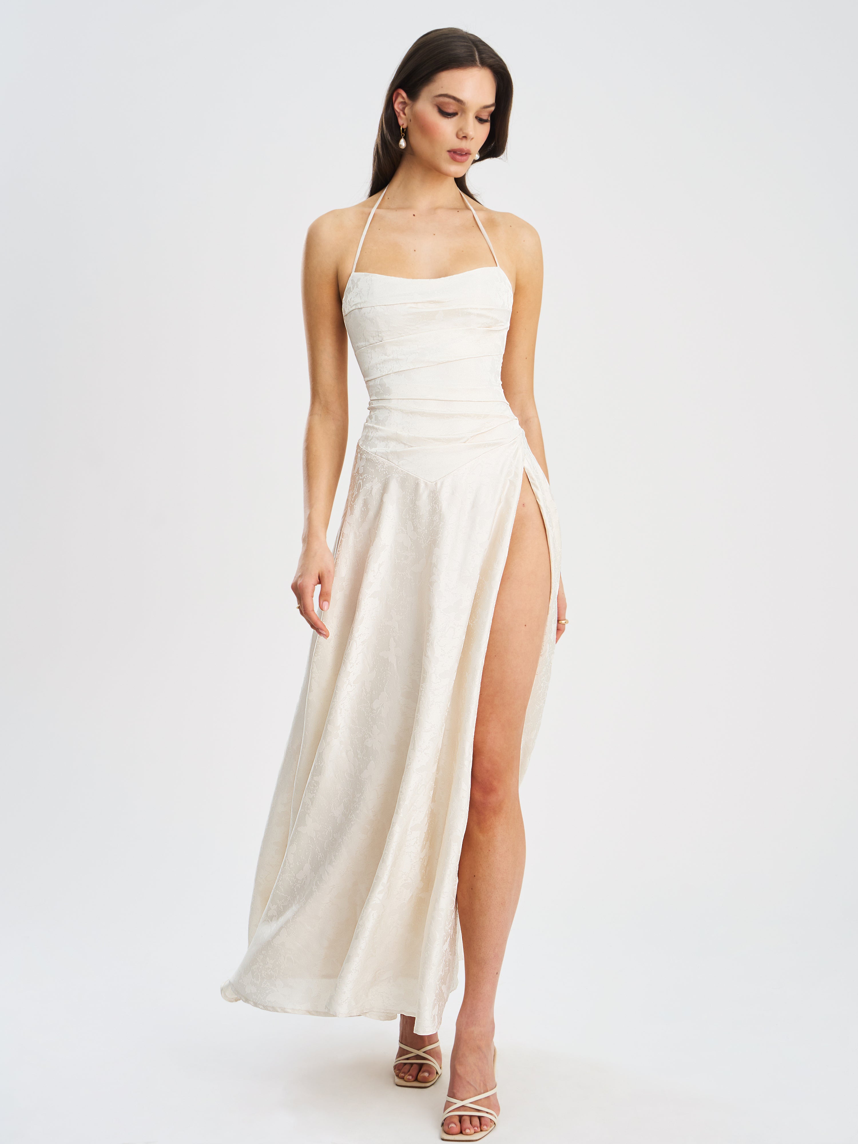 Raegan Pearl White Jacquard Ruched Maxi Dress