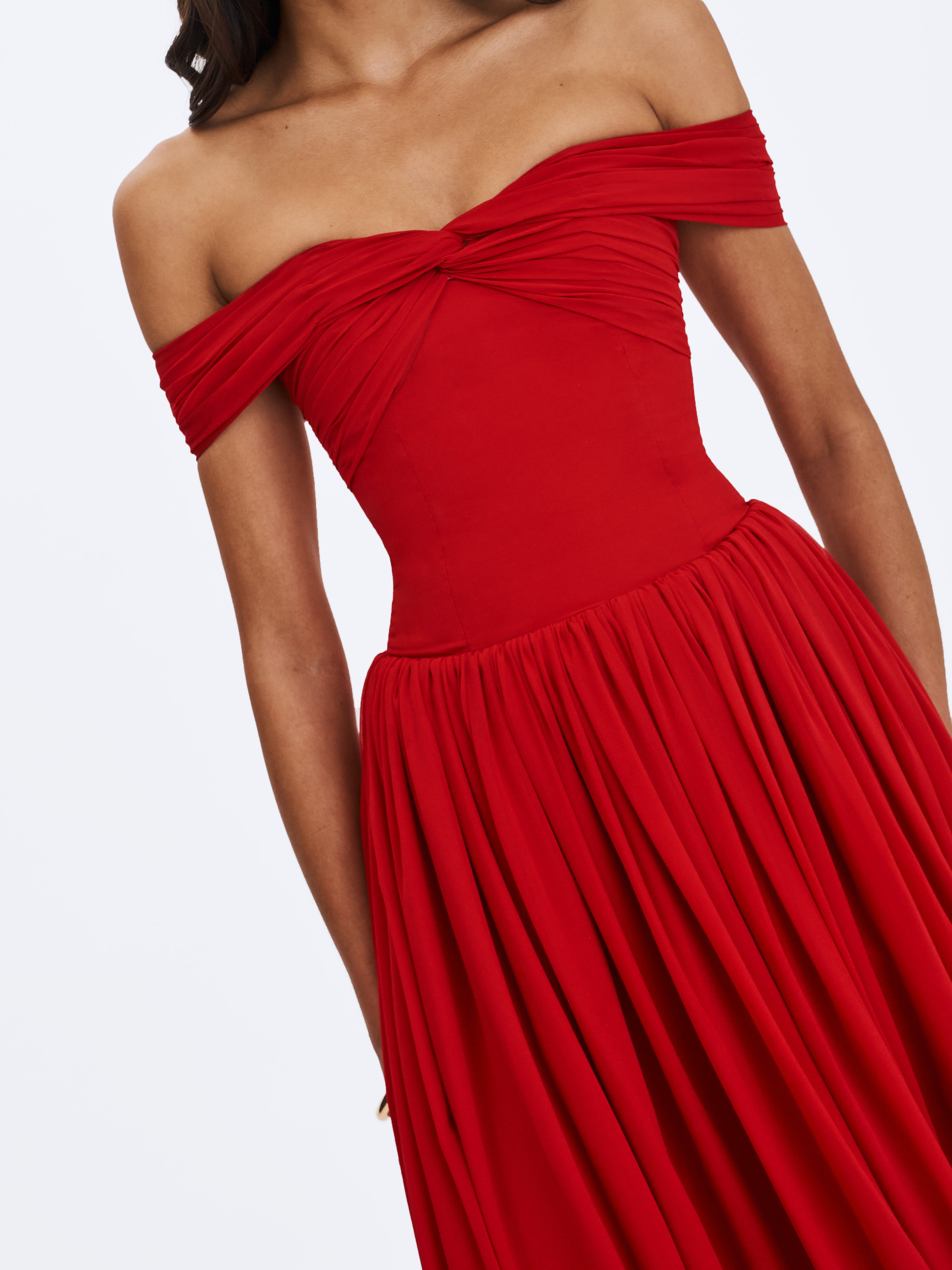 Tereza Crimson Georgette Bardot High-Slit Maxi Dress