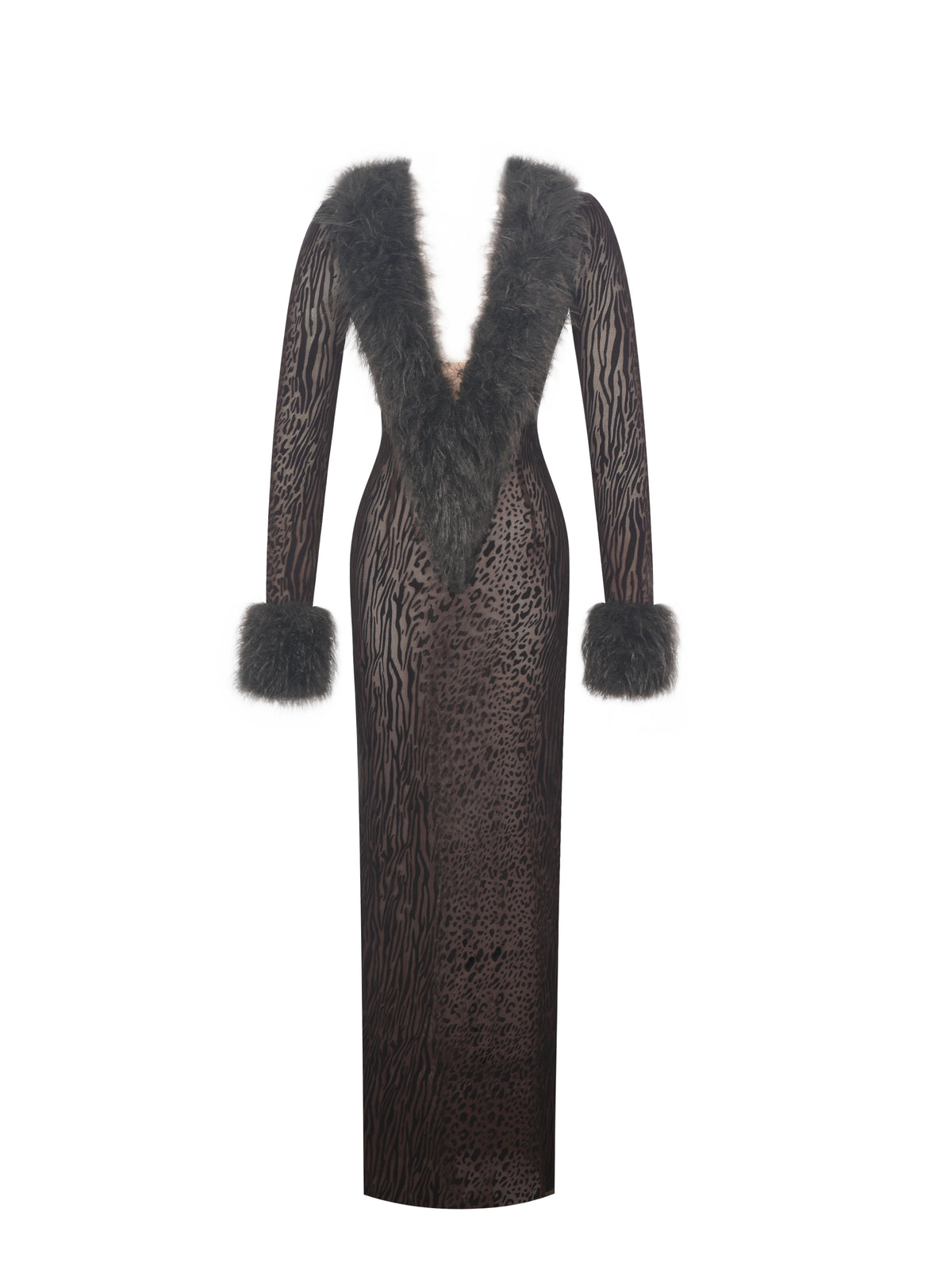 Luana Brown Plunging Fur Trimmed Burnout Mesh Maxi Dress