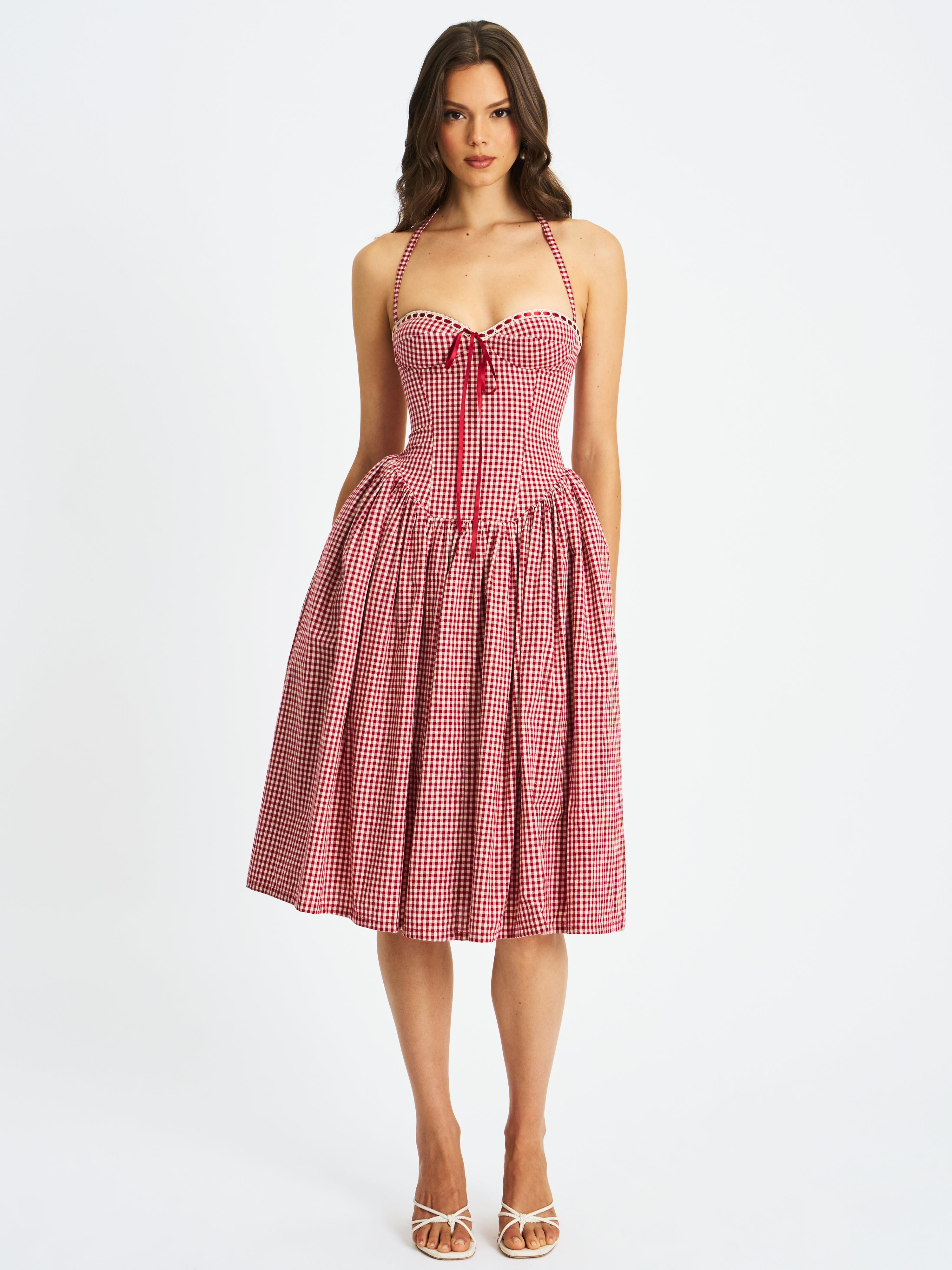 Susanna Red Gingham Halter Drop Waist Midi Dress