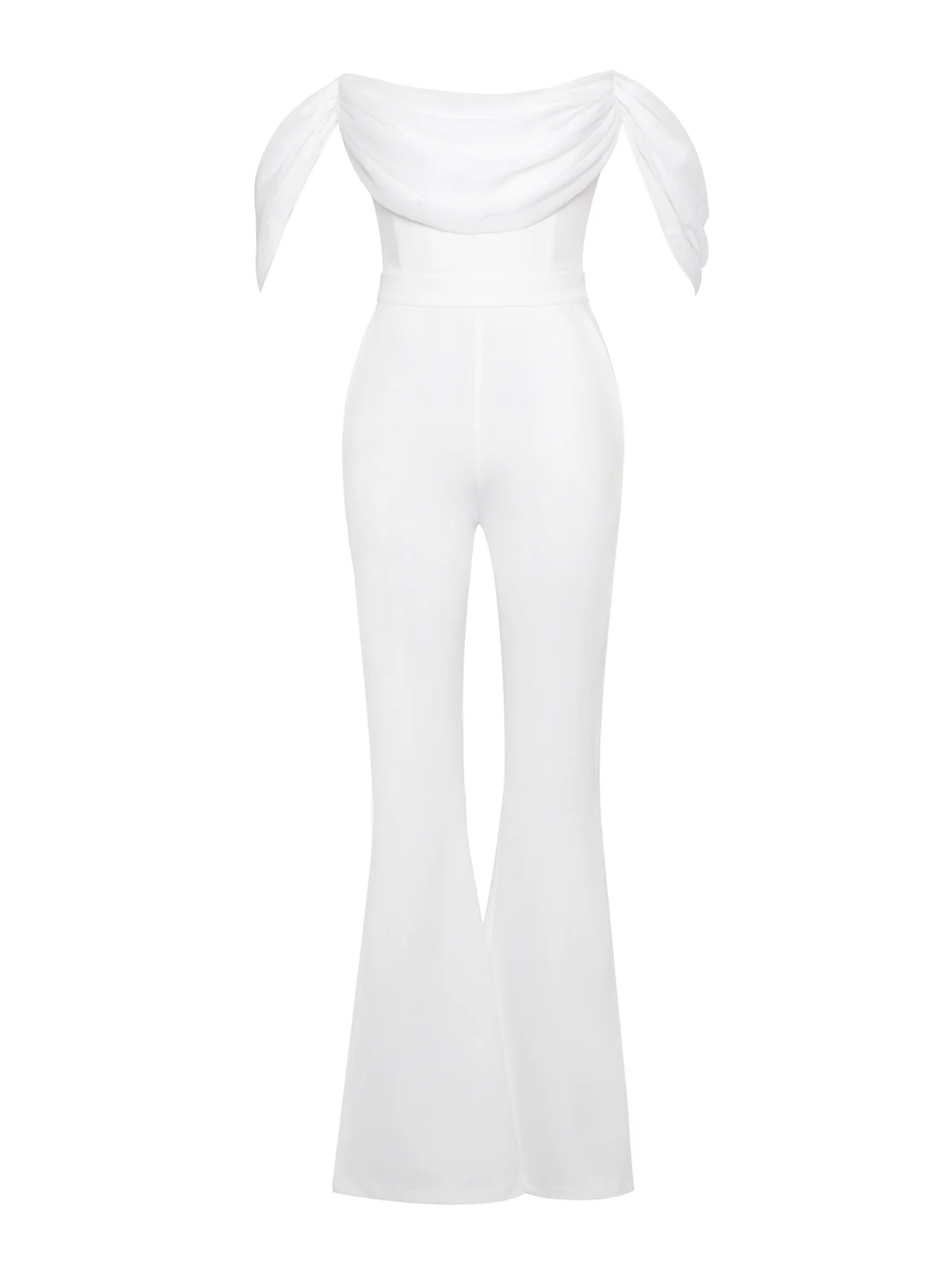 Sherlyn White Off Shoulder Flared Crepe Jumpsuit (Archive Sale)
