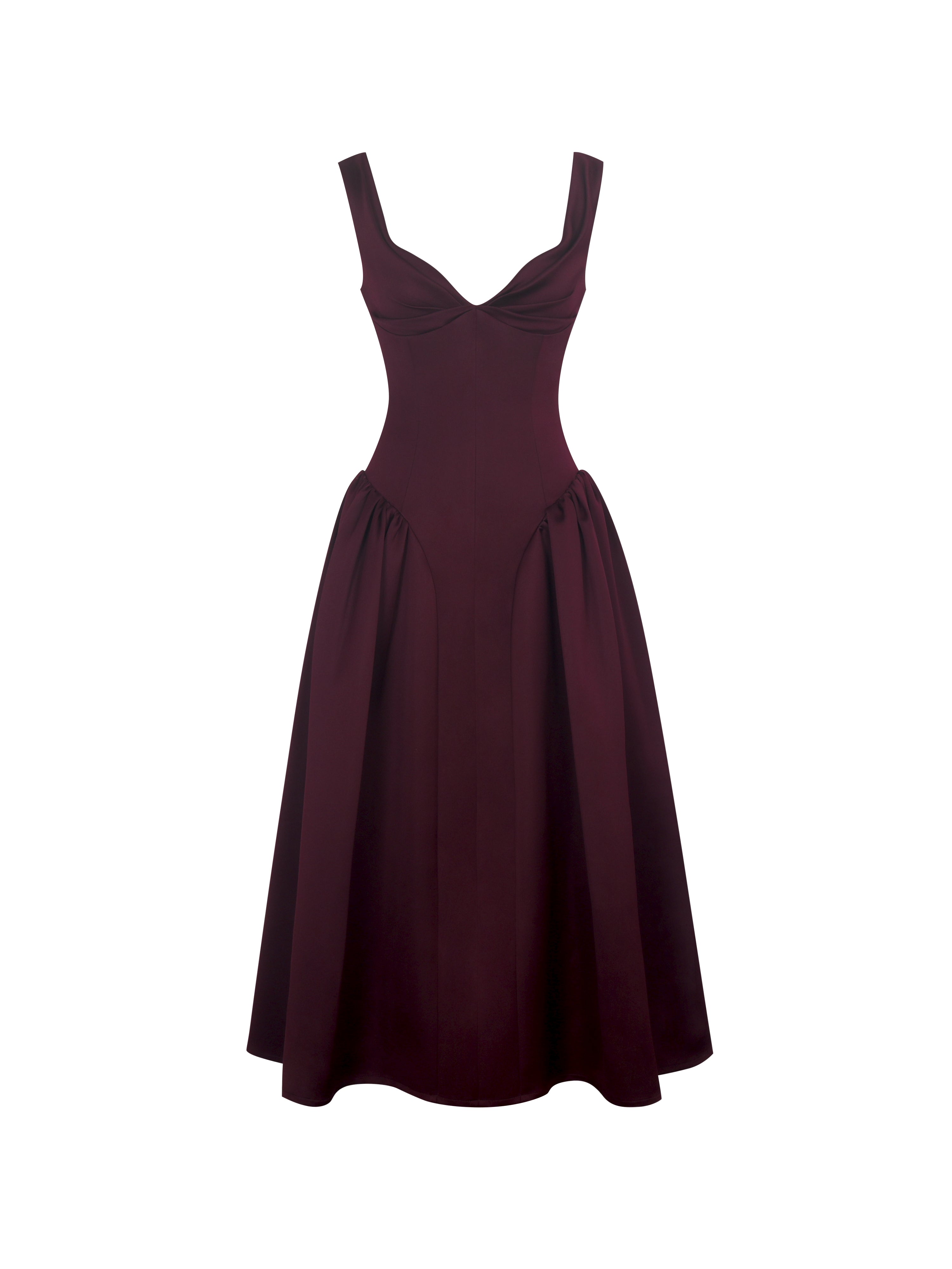 Omella Burgundy Ruched Bust Sweetheart Flared Maxi Dress