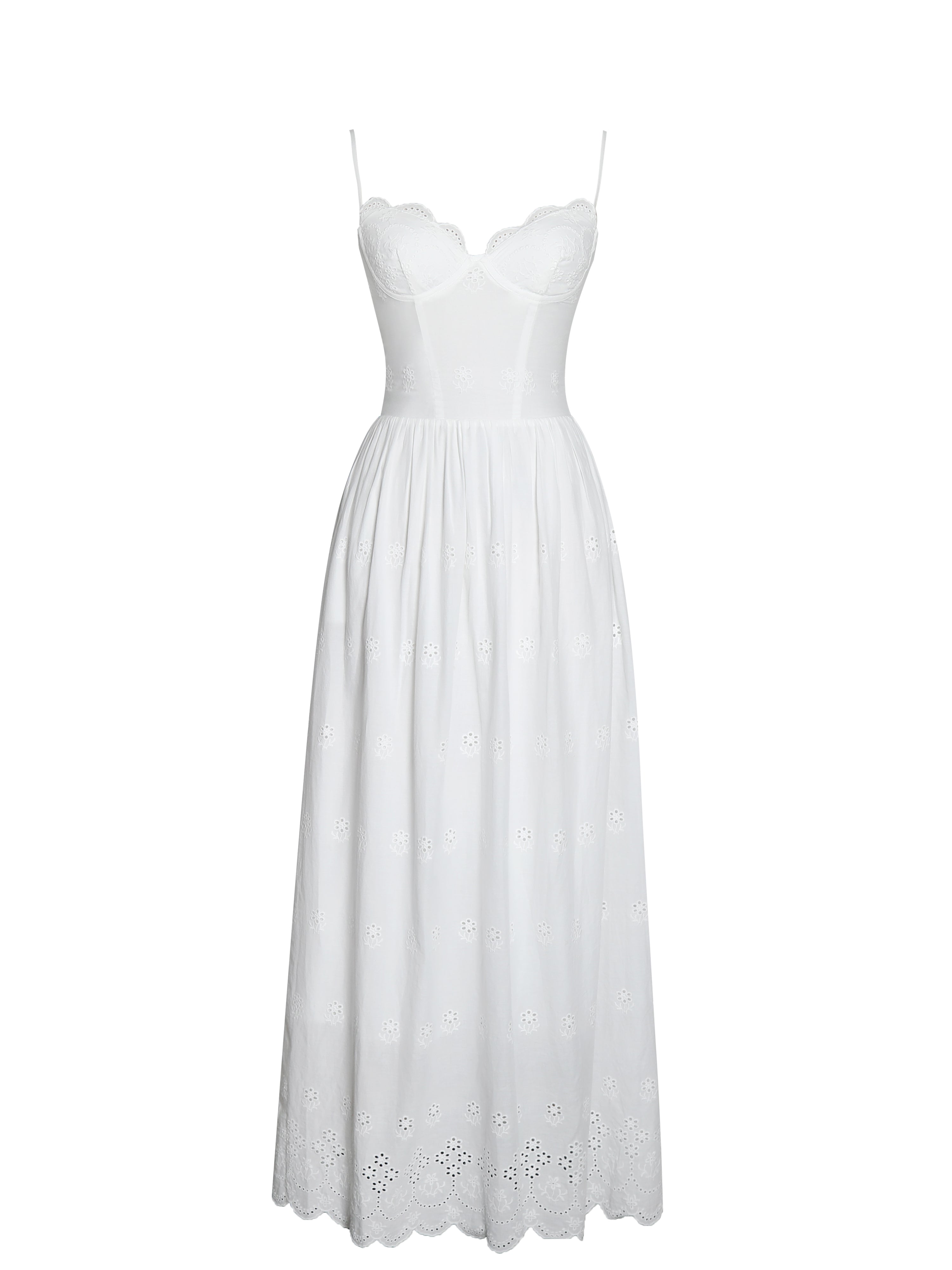 Oberon White Cotton Eyelet Lace-Up Back Maxi Dress