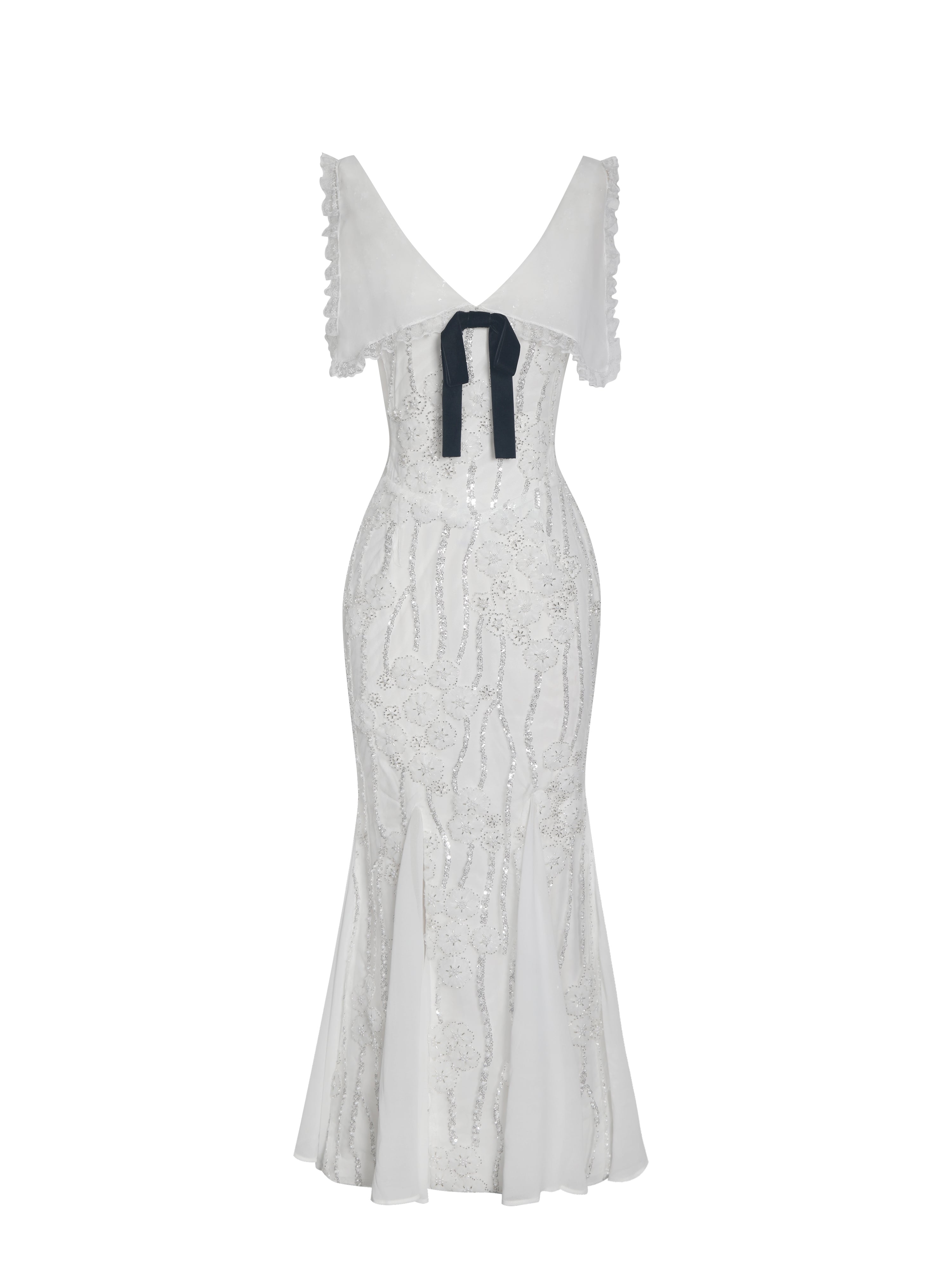 Paola White Peter Pan Collar Beaded Sequin Mermaid Midi Dress