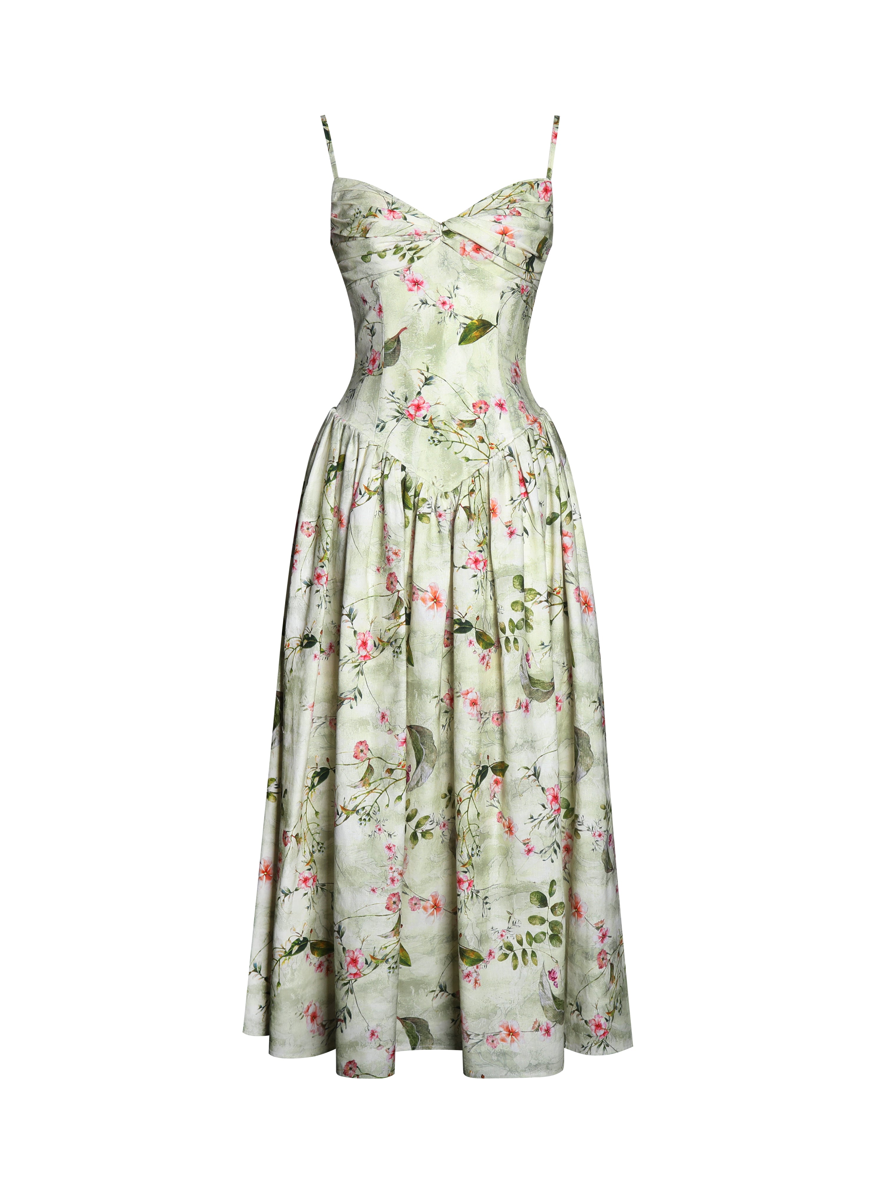 Jacinda Green Floral Print Ruched Breast Linen Midi Dress