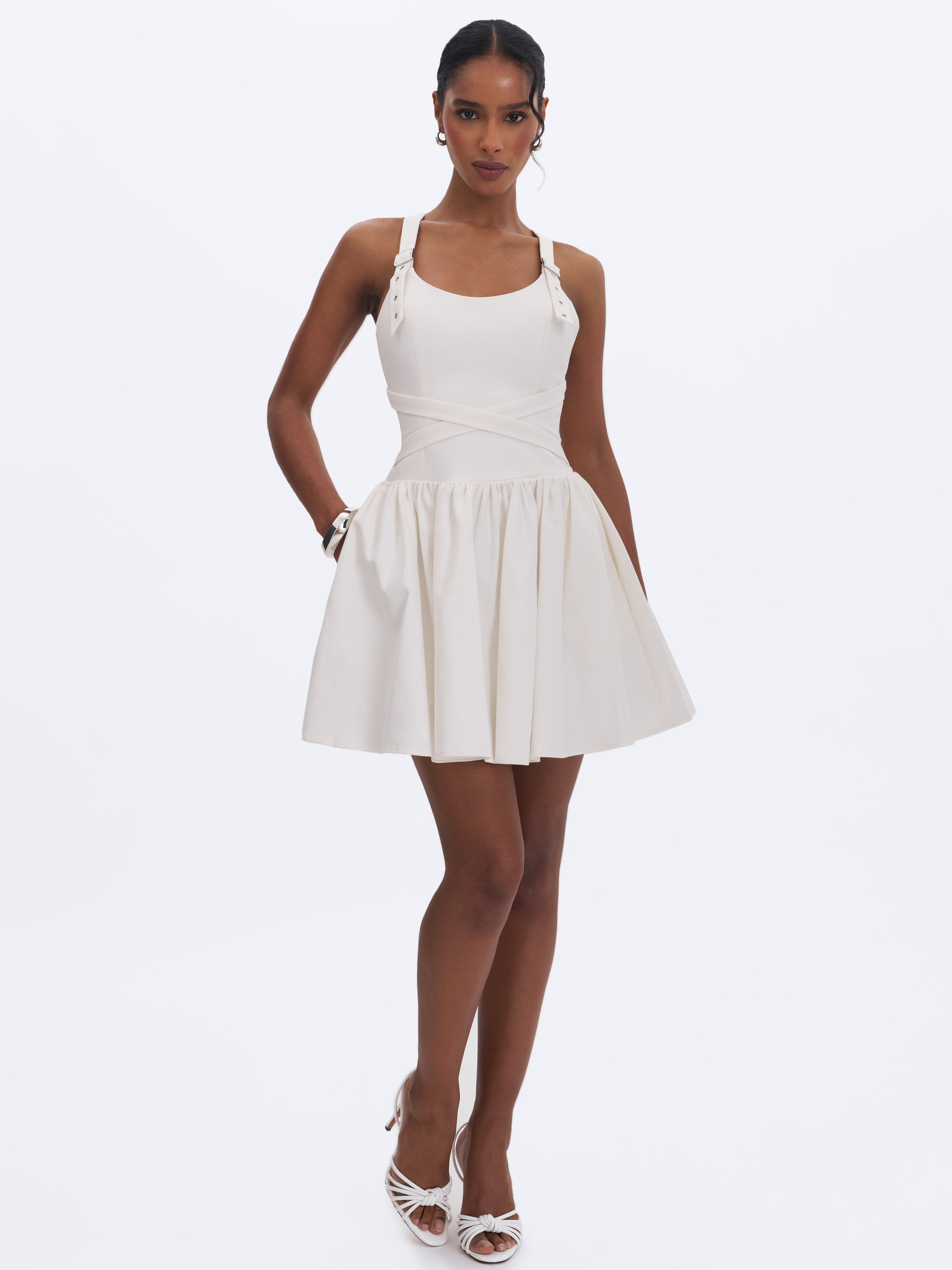 Francine White Cotton Denim Crossover Strap Mini Dress
