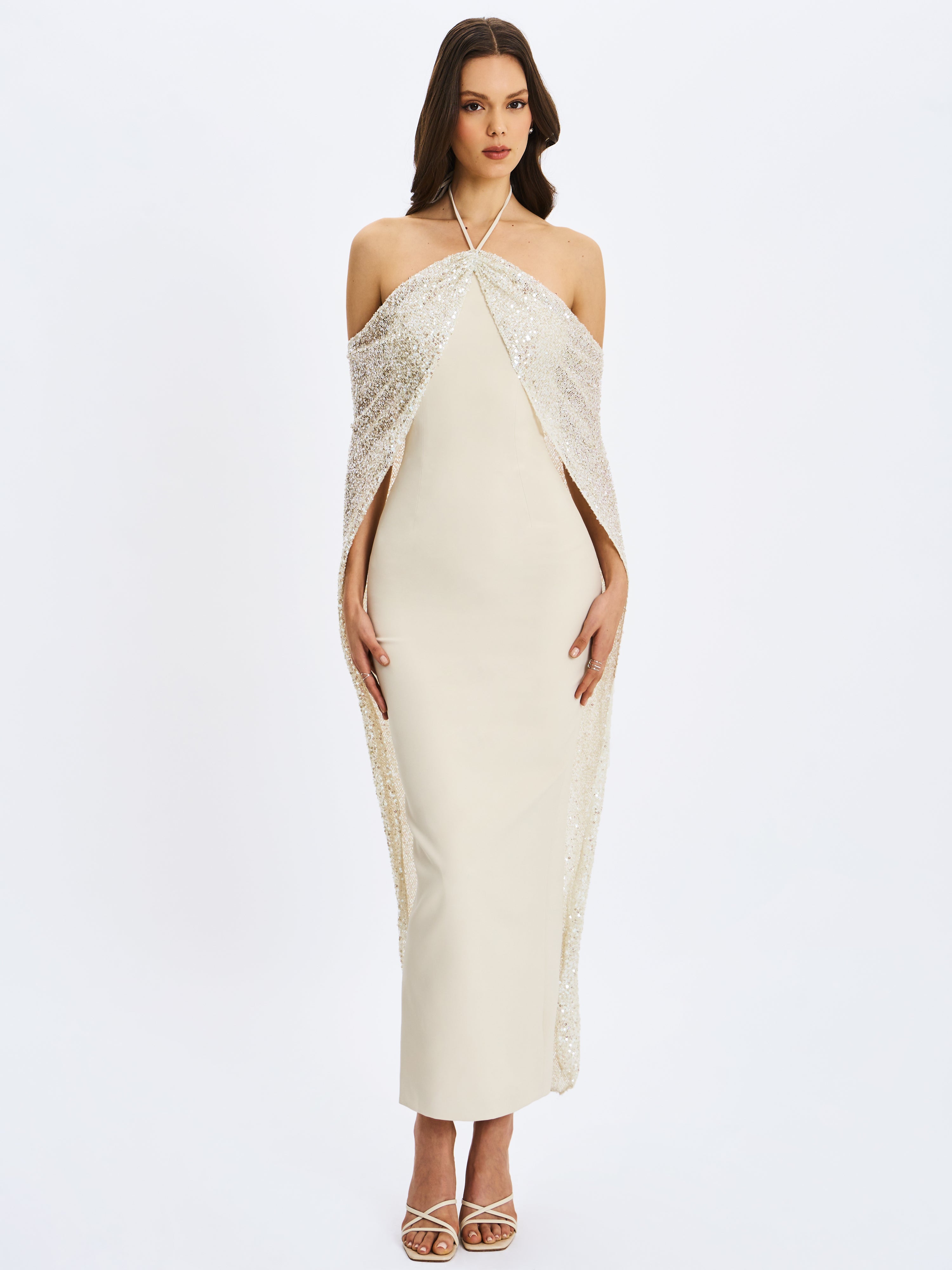 Quimera Almond Beaded Cape Halter Off-Shoulder Maxi Gown