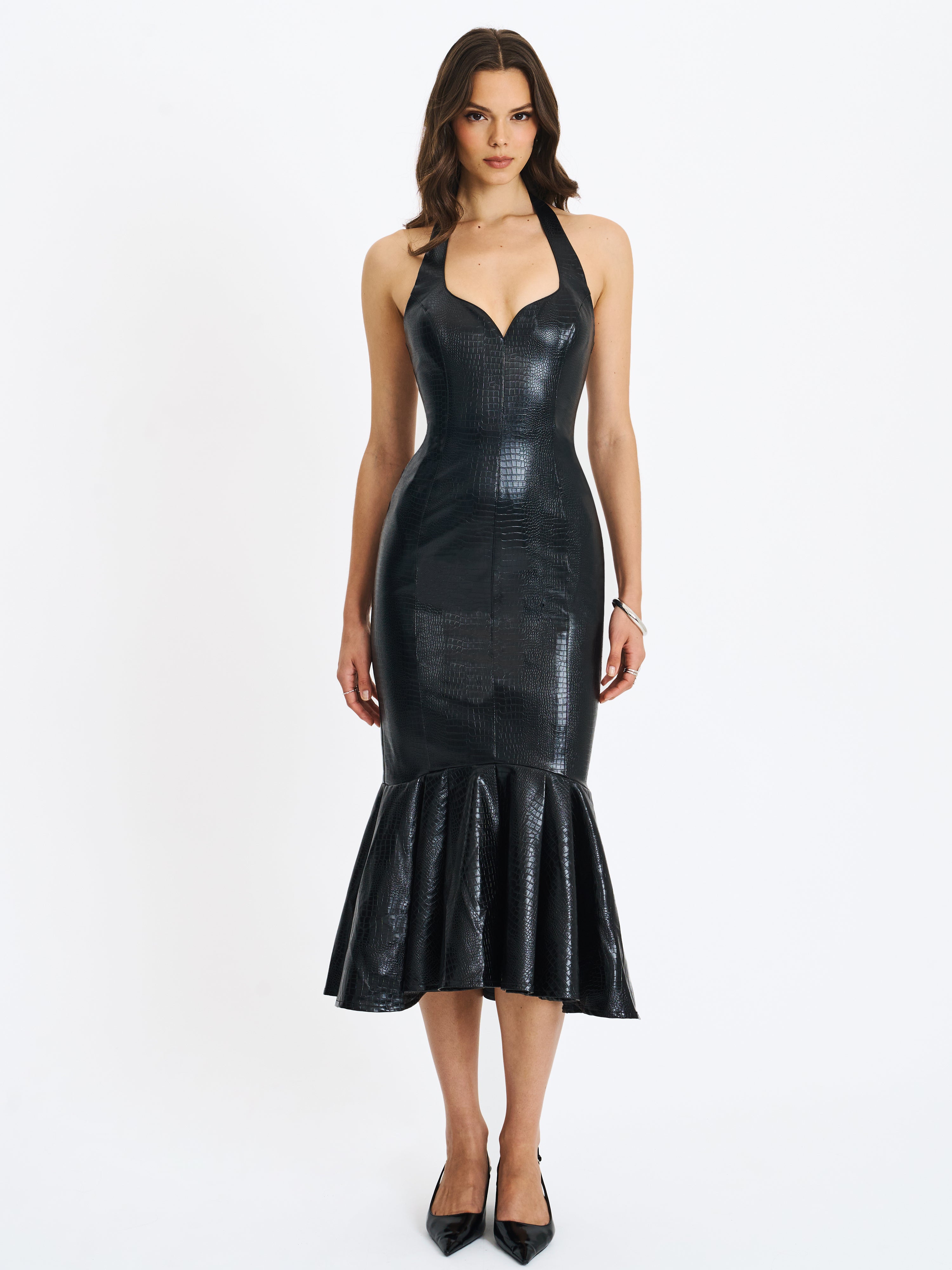 Gardenia Black Leather Midi Sweetheart Halter Flared Dress