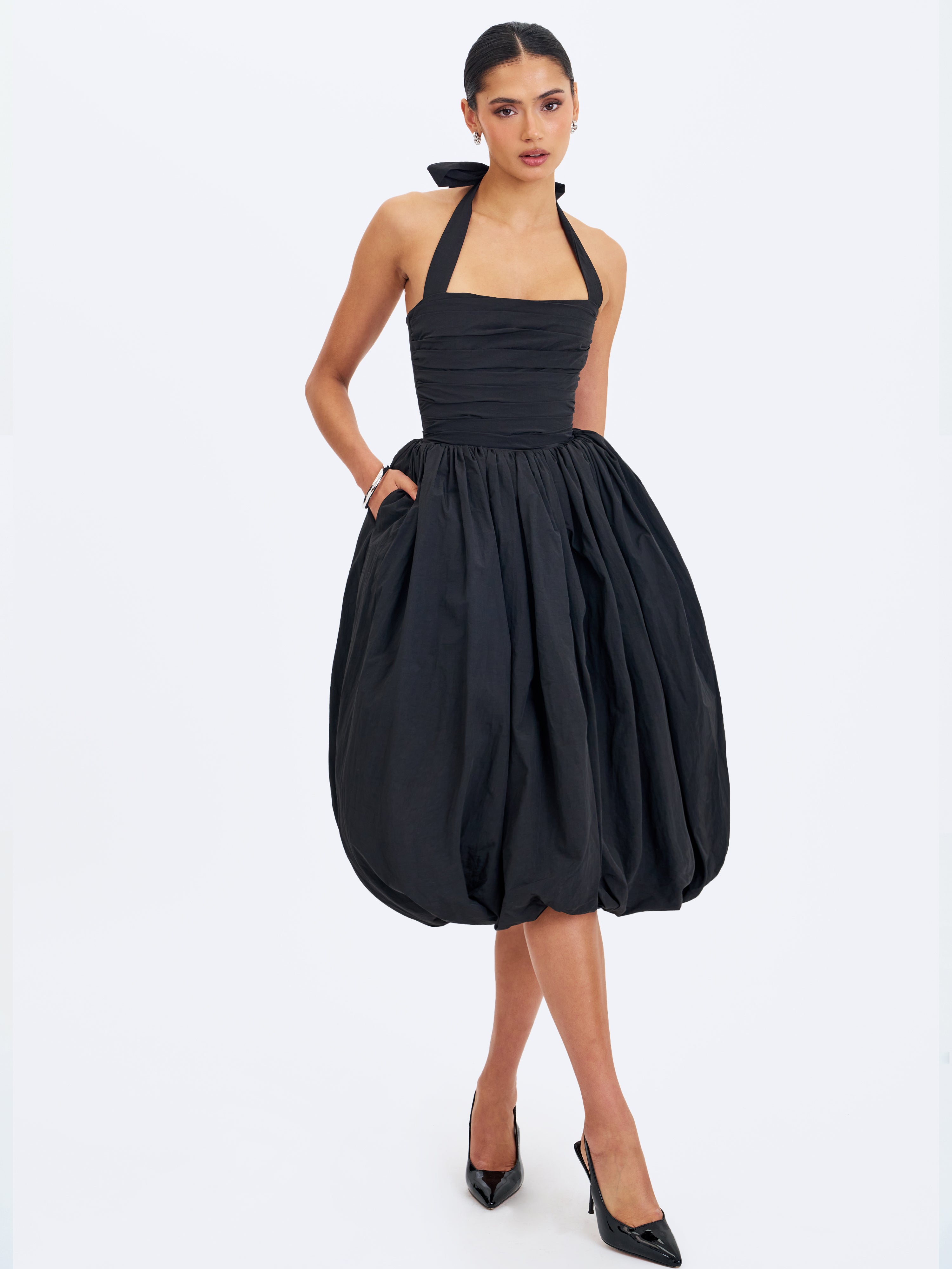 Veradis Black Taffeta Halter Bubble-Hem Midi Dress