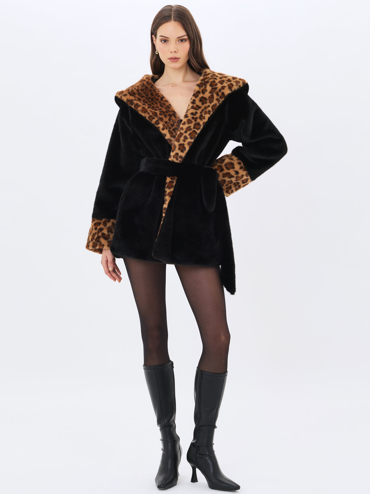 Bianca Black Faux Fur Cheetah Print Oversized Hood Mini Coat