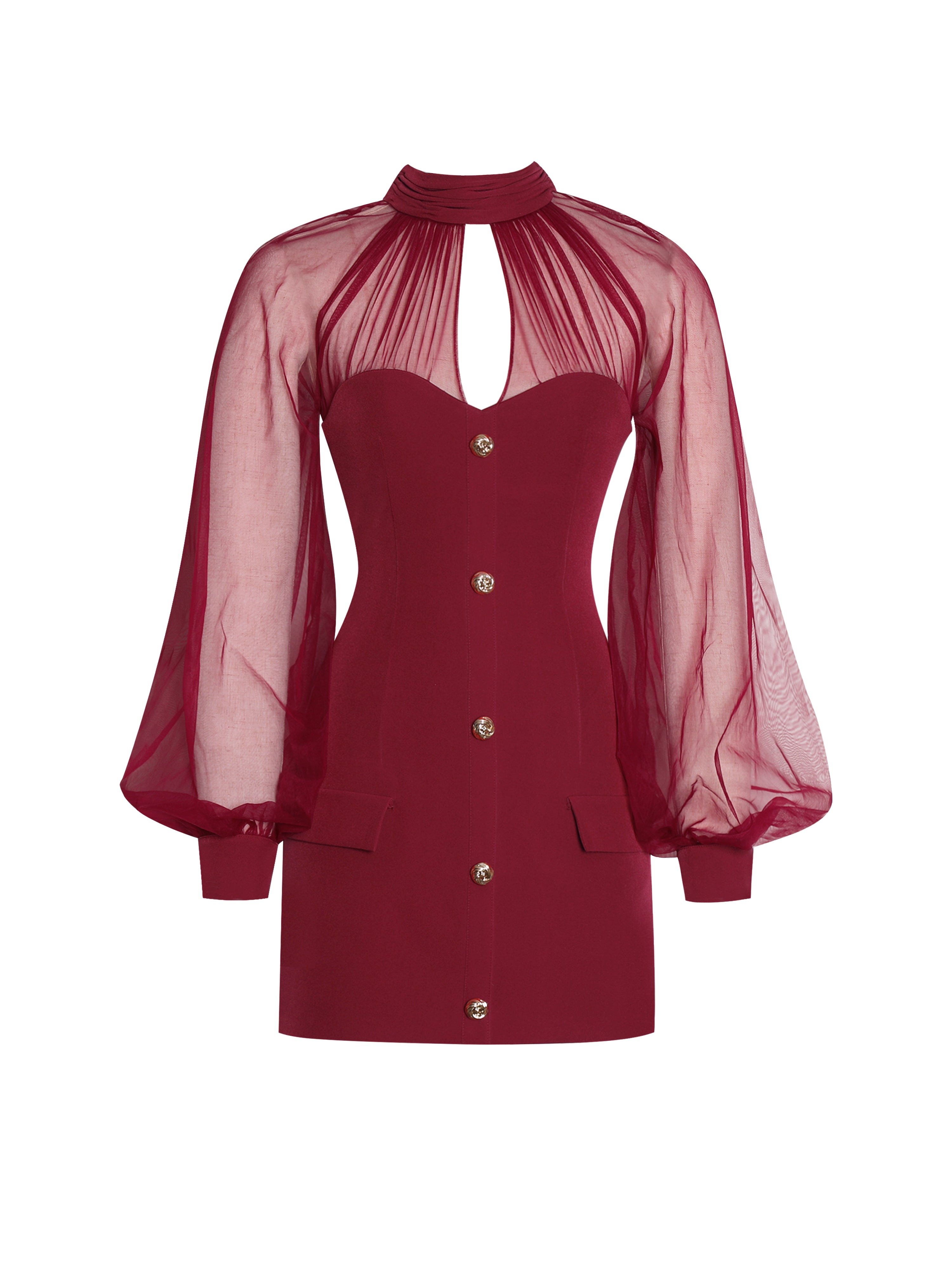 Tabitha Burgundy Mesh Lantern Sleeve Mini Dress (Archive Sale)