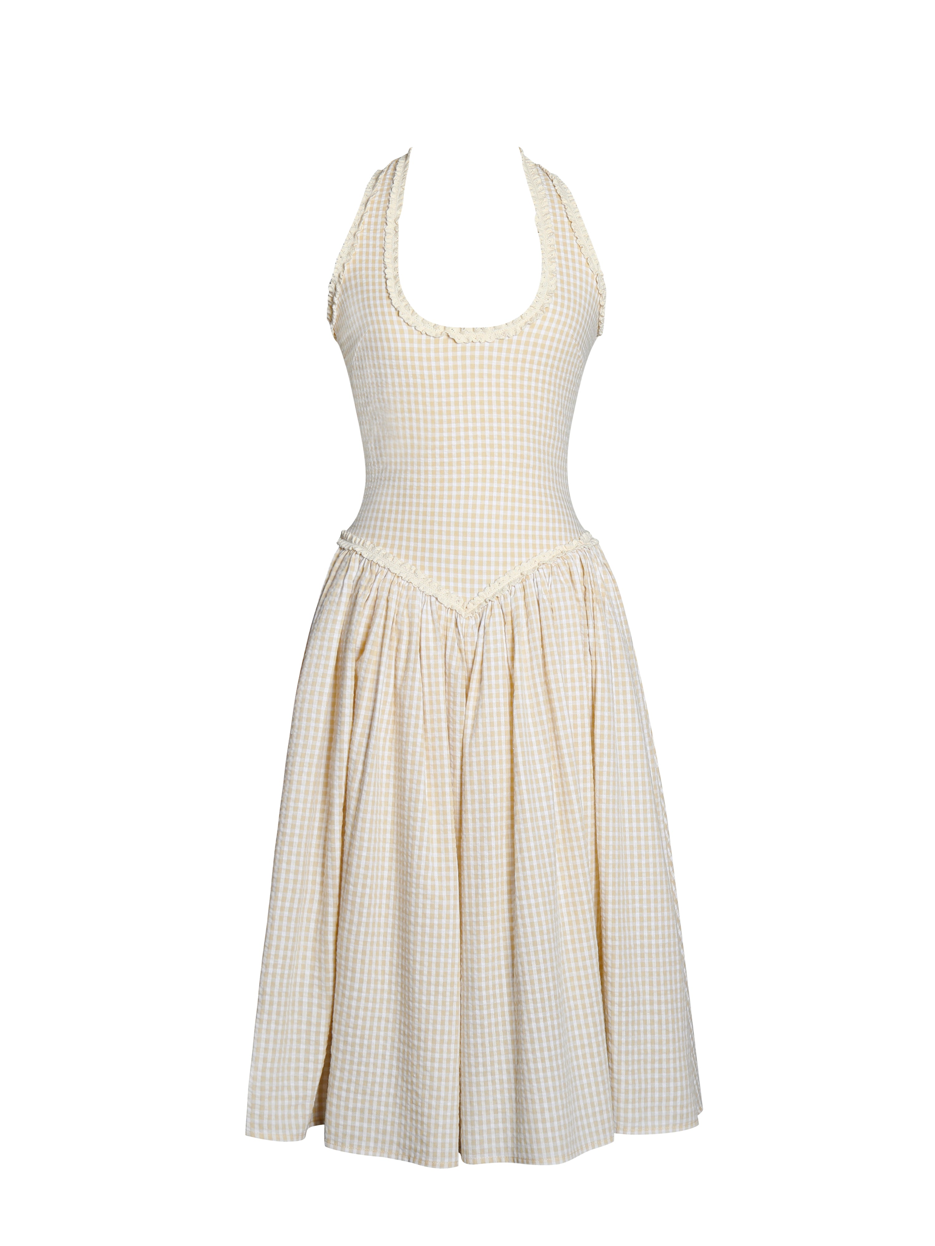 Idella Yellow Gingham U Neck Midi Dress