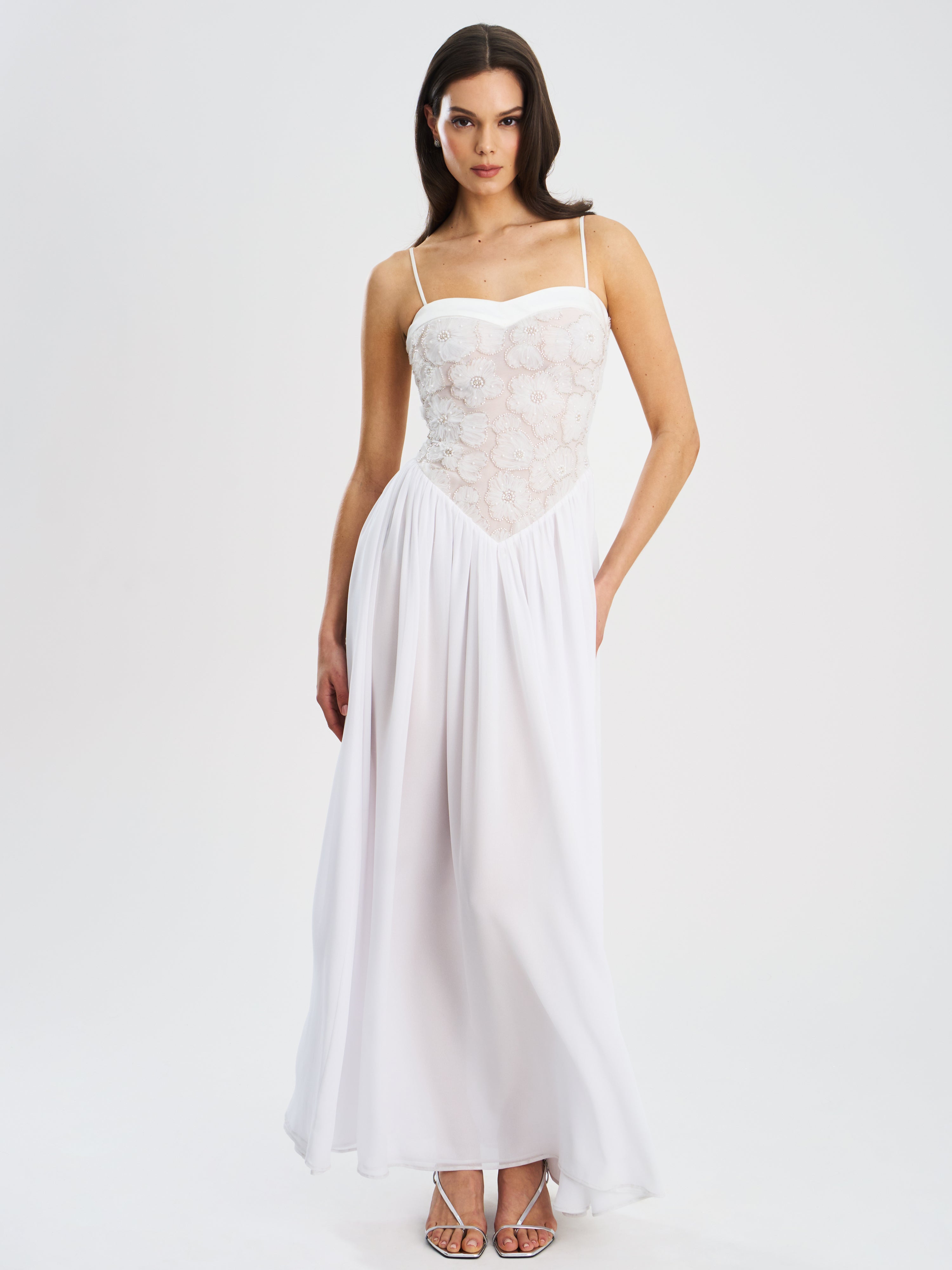 Ucille White Embroidered Chiffon Maxi Dress (Archive Sale)