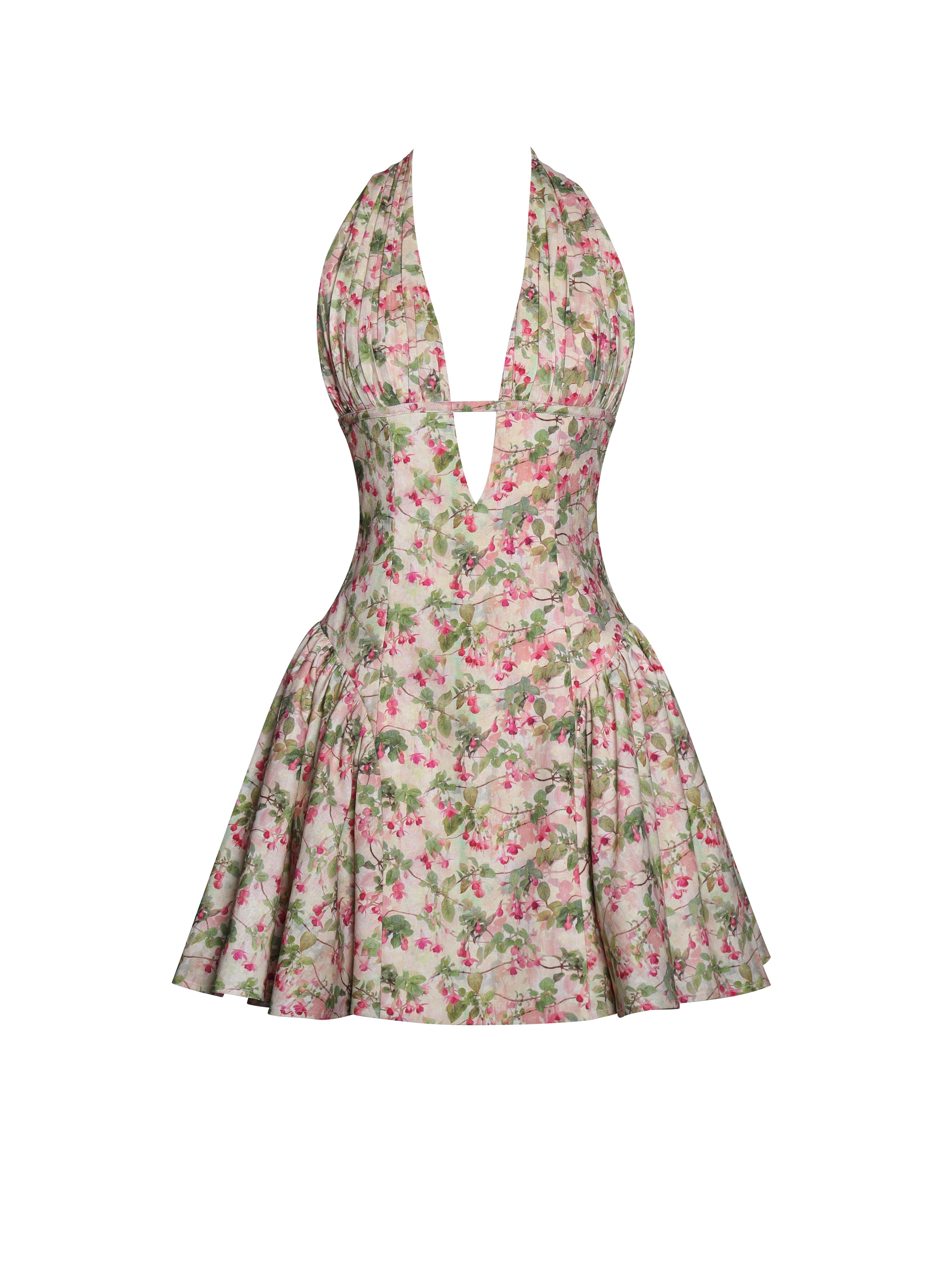 Mackenzie Green and Pink Floral Print Halter Linen Mini Dress
