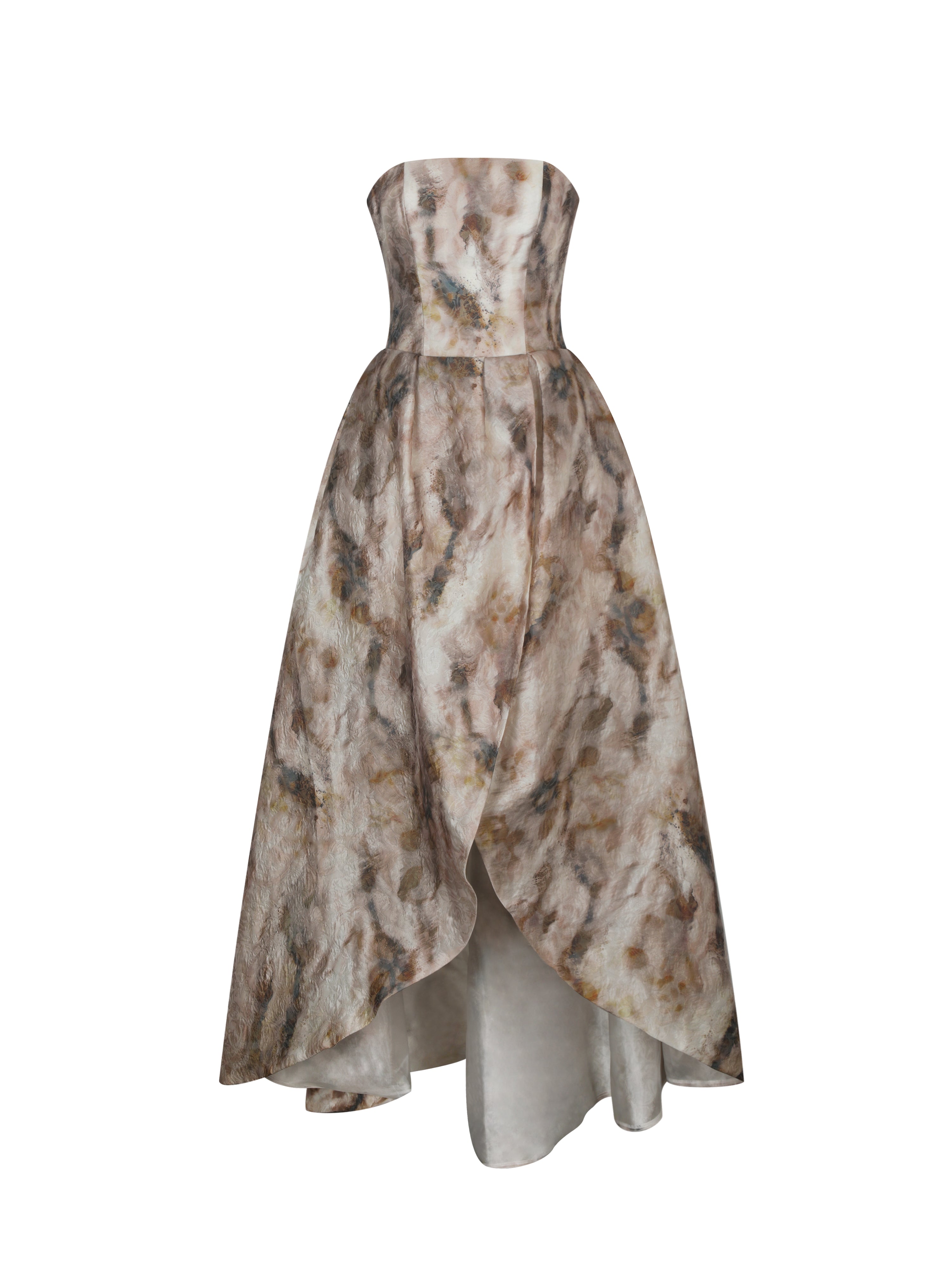 Micaela Camel Watercolor Jacquard Chiffon Dipped Hem Gown