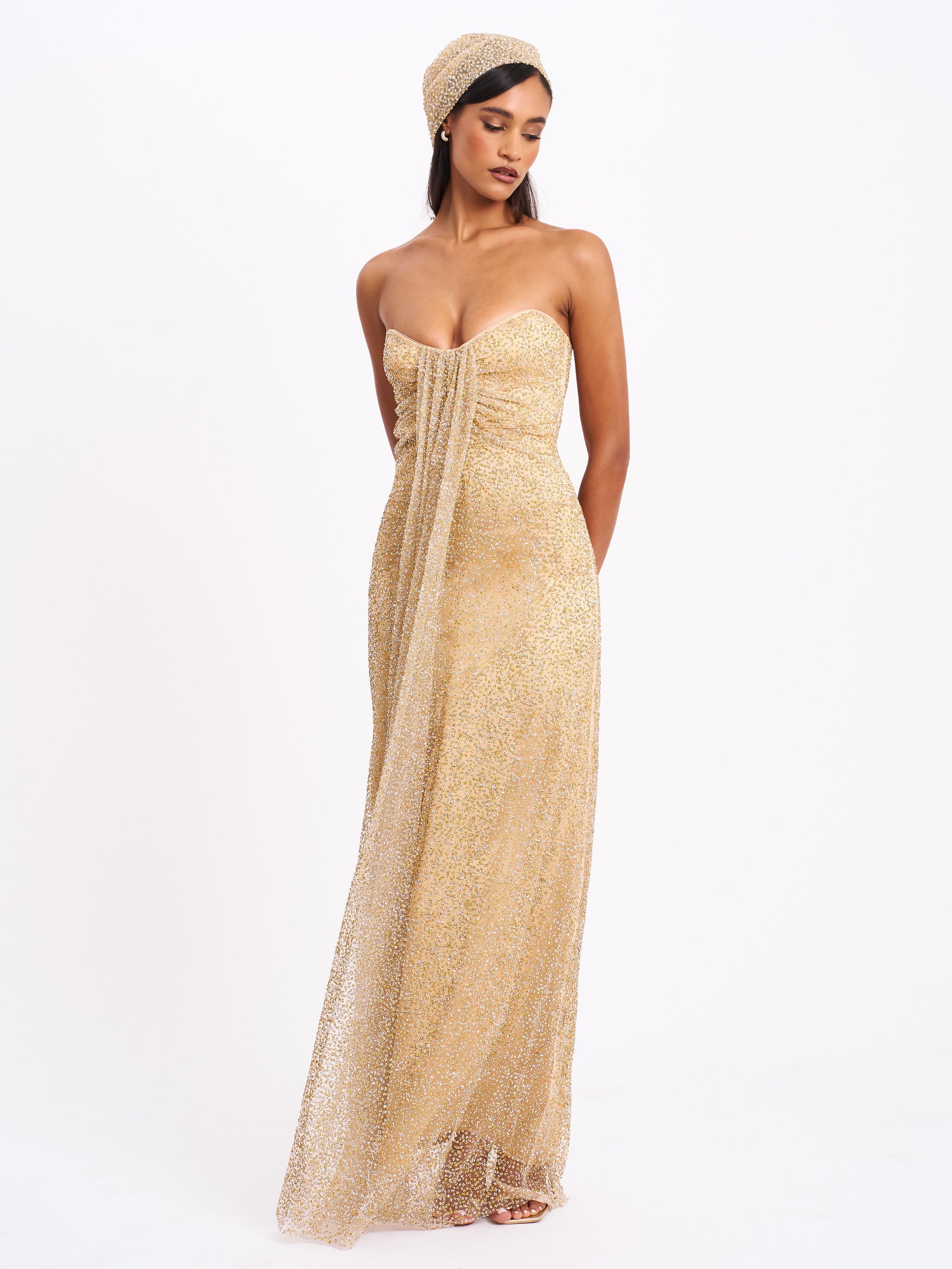 Miss Circle Women Ada Gold Rhinestone Embellished Strapless Gown with Head Scarf Miss Circle Women Ada Gold Rhinestone Embellished Strapless Gown with Head Scarf