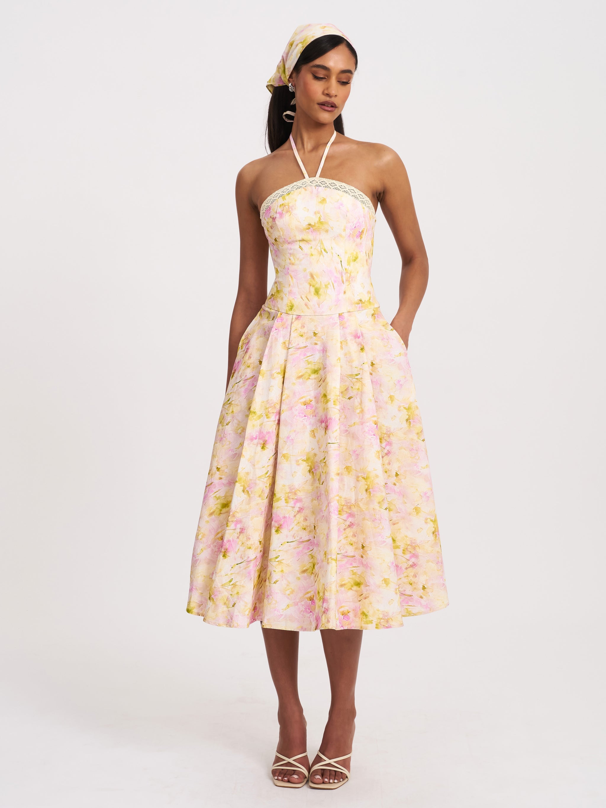evalina mustard yellow floral print mock neck midi dress Miss Circle Women's Zaina Yellow Pink Floral Print Lace Trim Linen Midi Dress