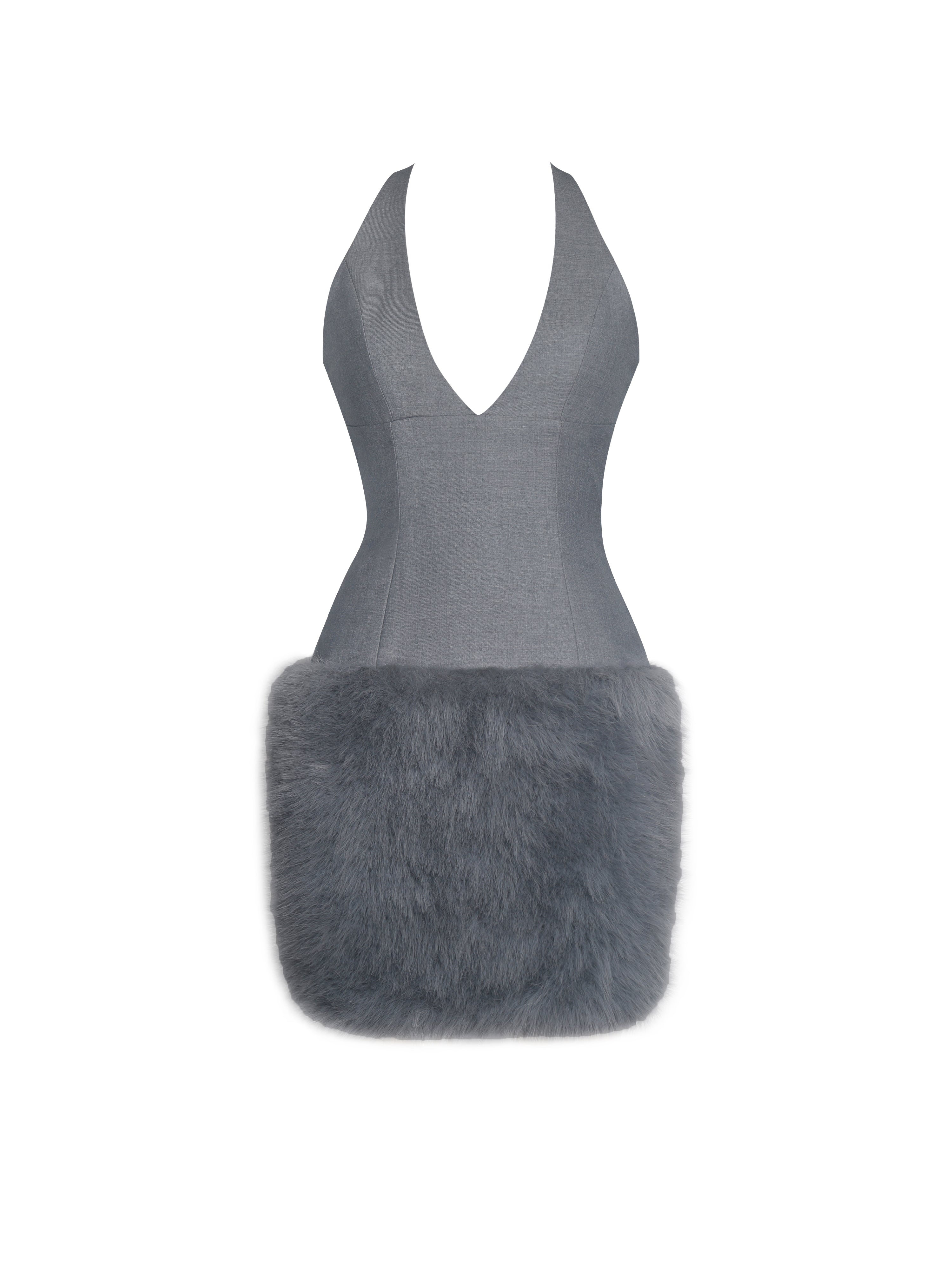 Daisy Grey Drop Waist Fur Trim Halter Mini Dress