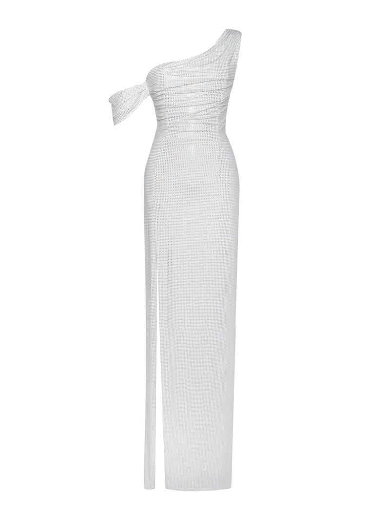 Paget White Mesh Rhinestone Embellished High Slit Gown