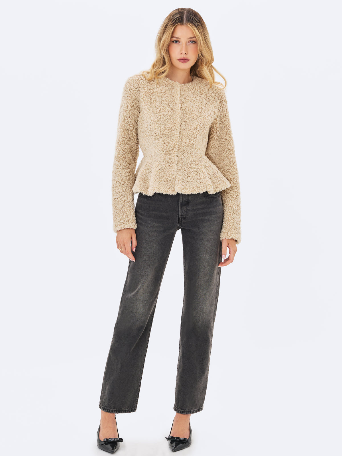 Brigitte Beige Teddy Fur Peplum Jacket