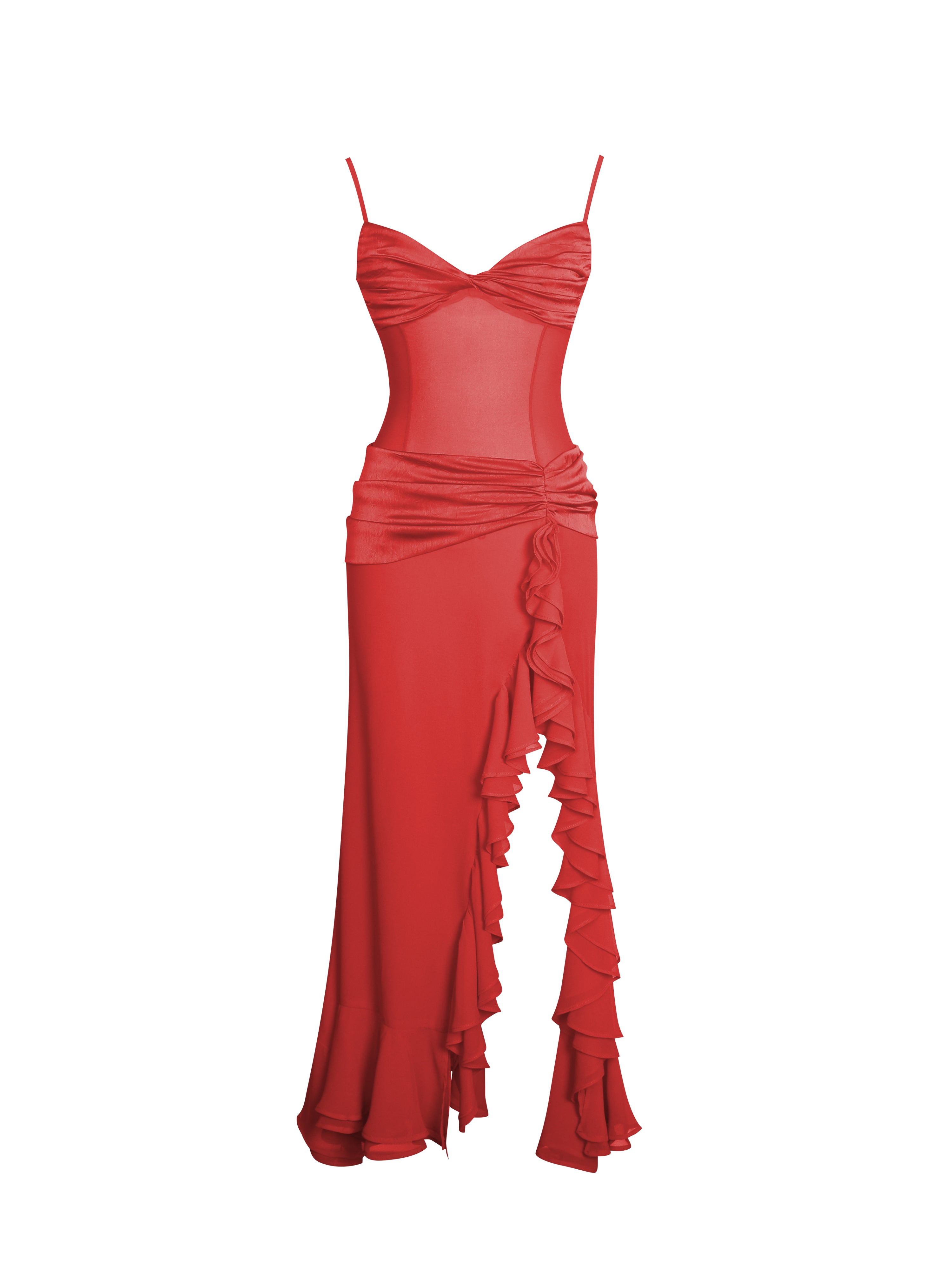 Dahlina Red Ruched Waist High Slit Maxi Dress