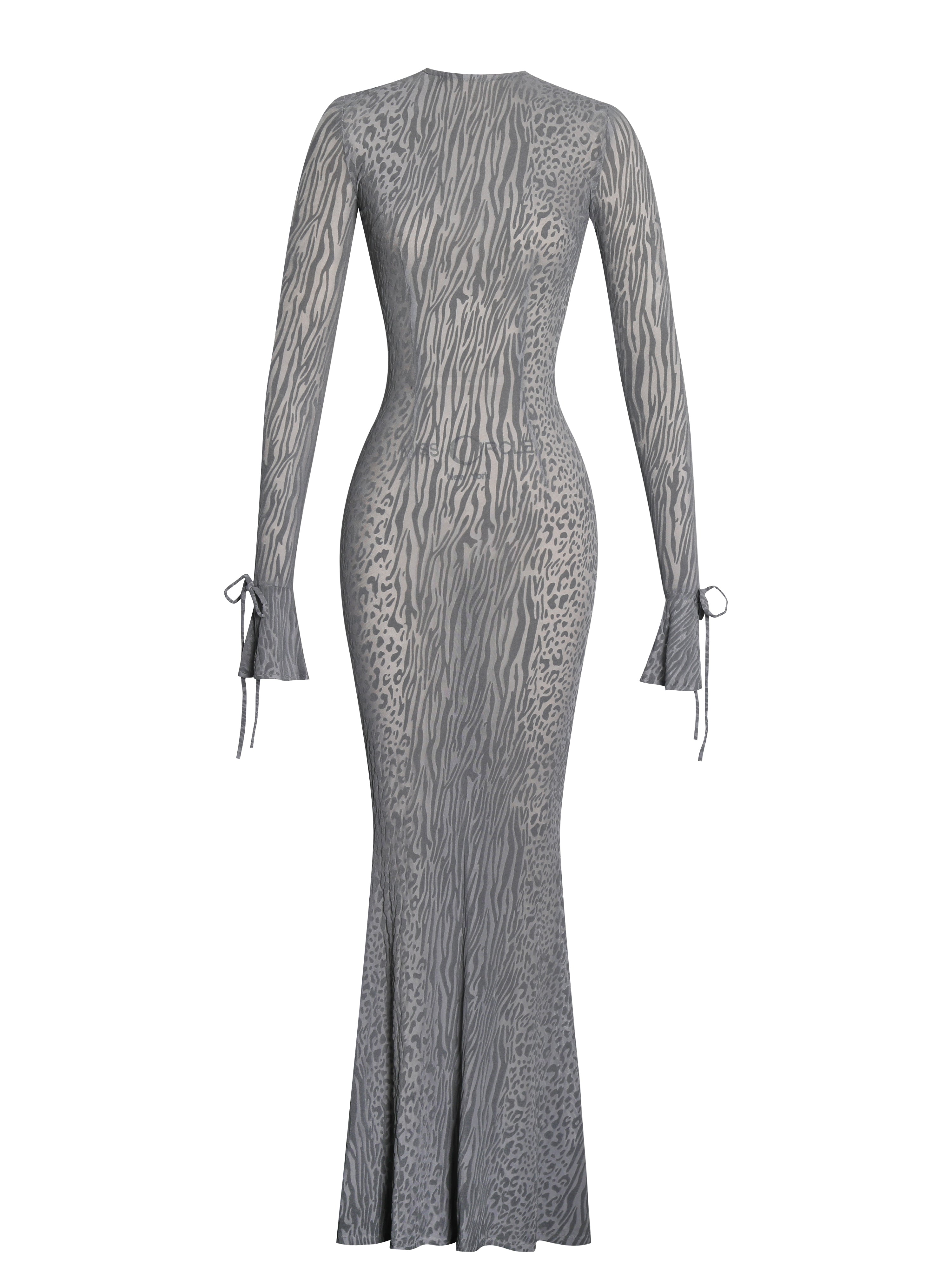 Waylynn Gray Animal Print Burnout Velvet Detail Mesh Backless Maxi Dress