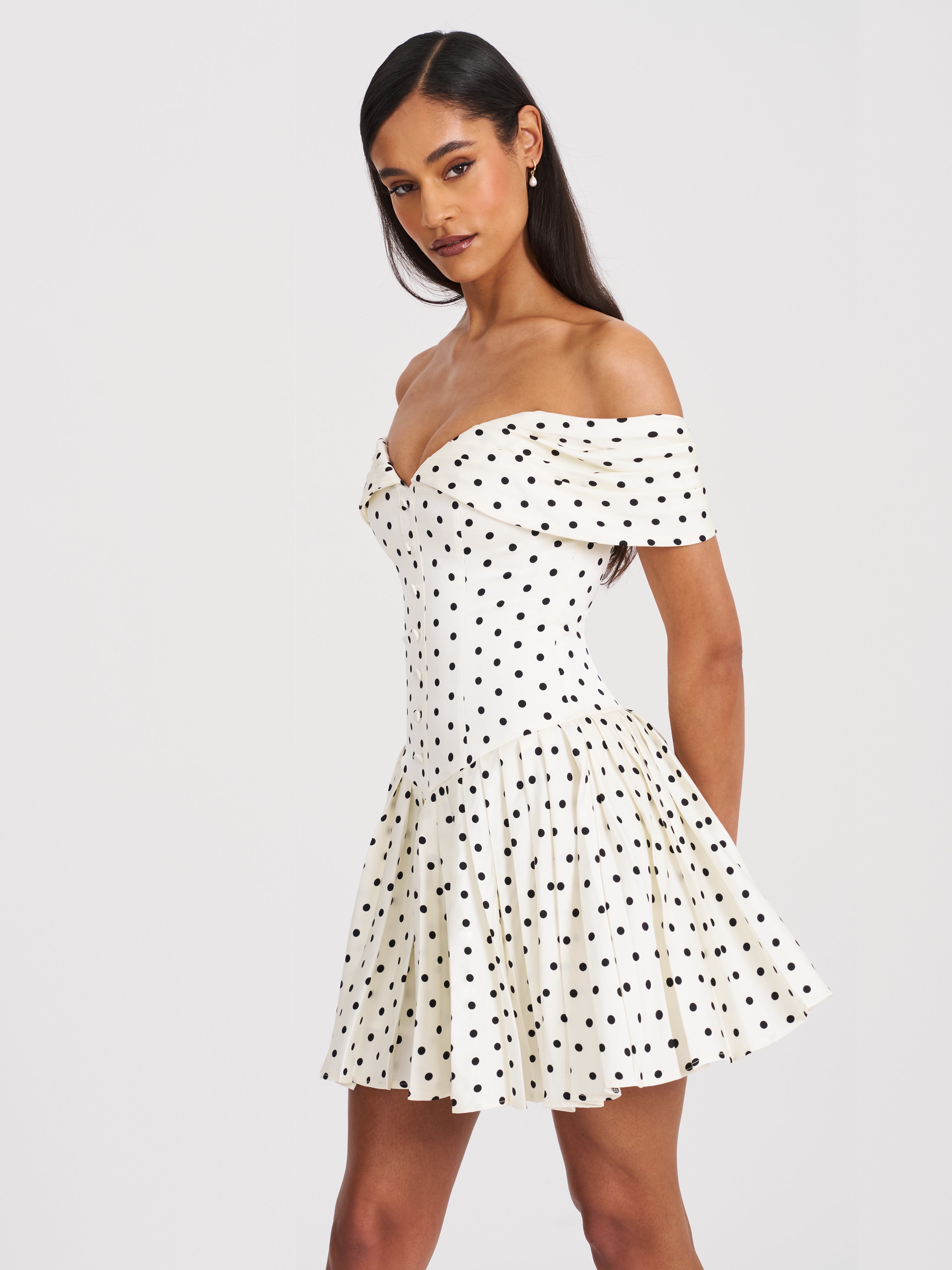 Edeline Polka Dot Off-shoulder Pleated Mini Dress