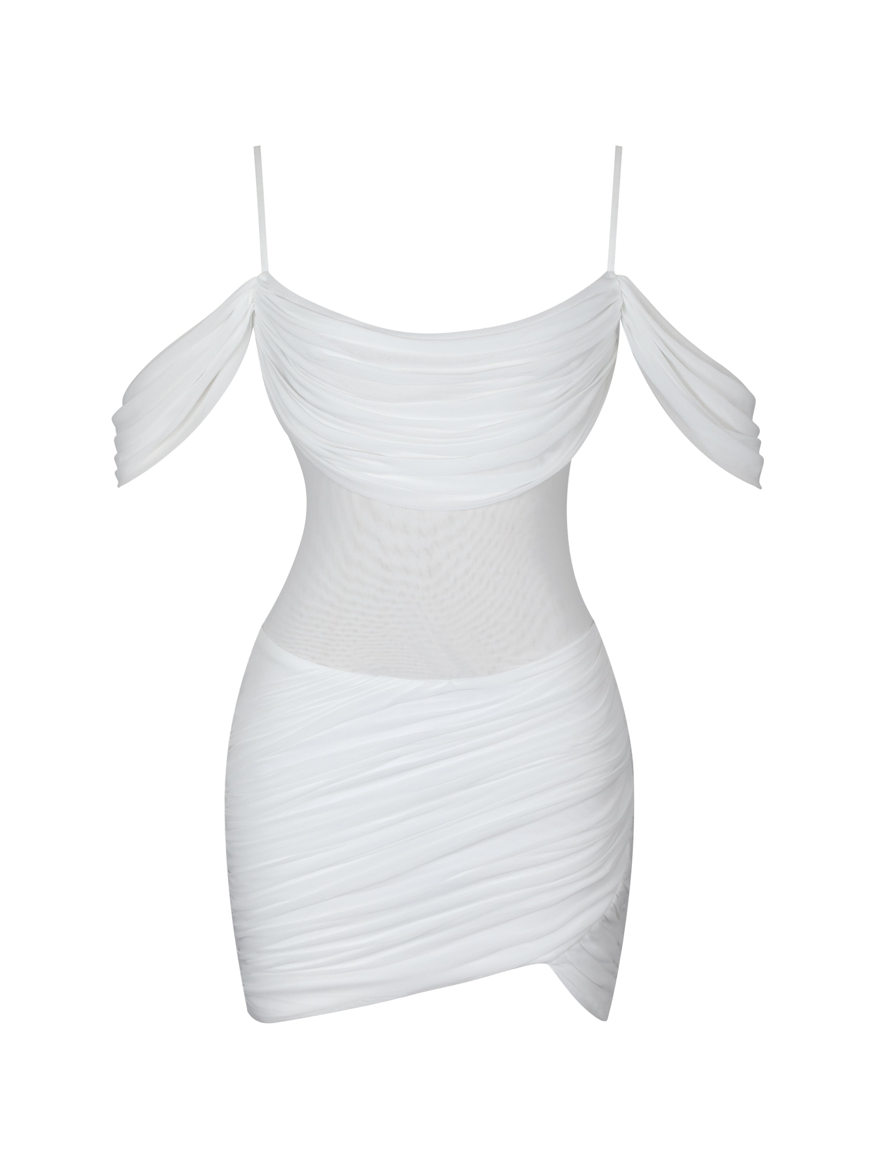 Umnia White Mesh Off-Shoulder Drape Mini Dress